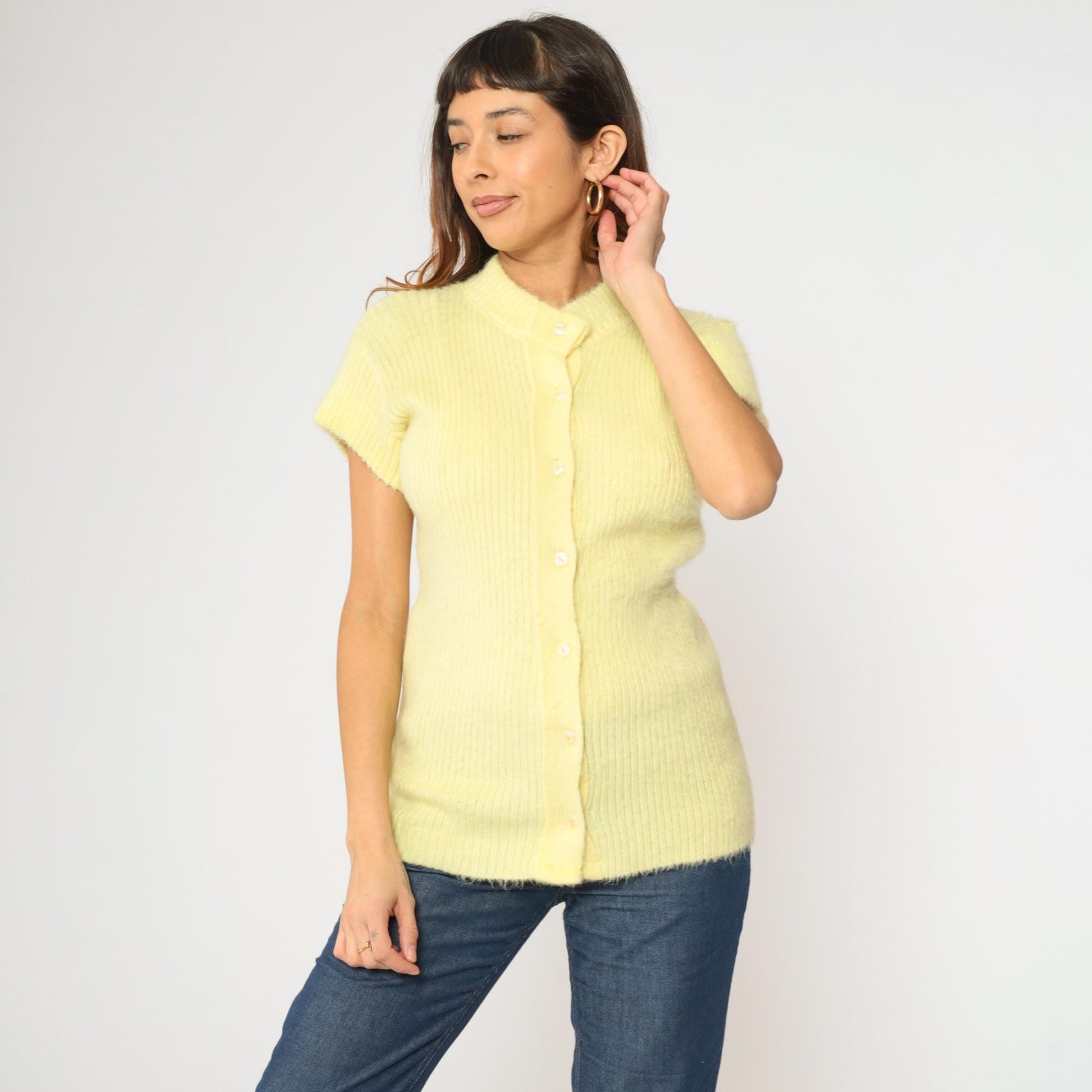 60s Light Yellow Fuzzy Knit Cardigan Short Sleeve Button Up Small S