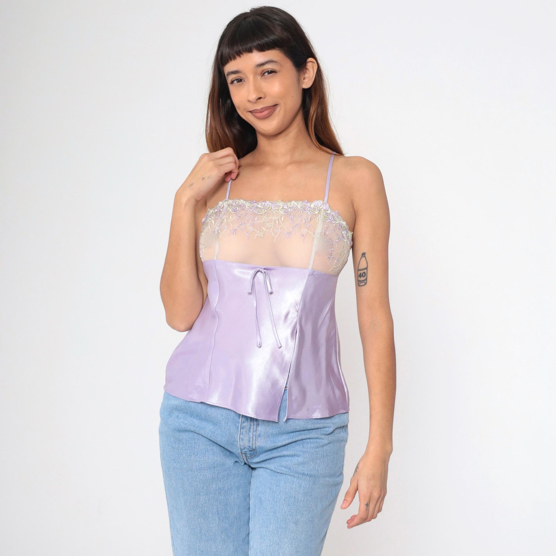 90s Lavender Satin Camisole Floral Embroidered Mesh Spaghetti Strap Medium