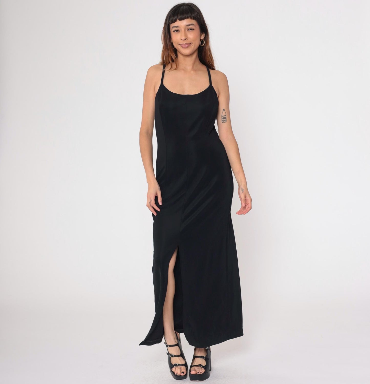 90s Scott McClintock Black Maxi Dress Spaghetti Strap Low Back Slit Medium