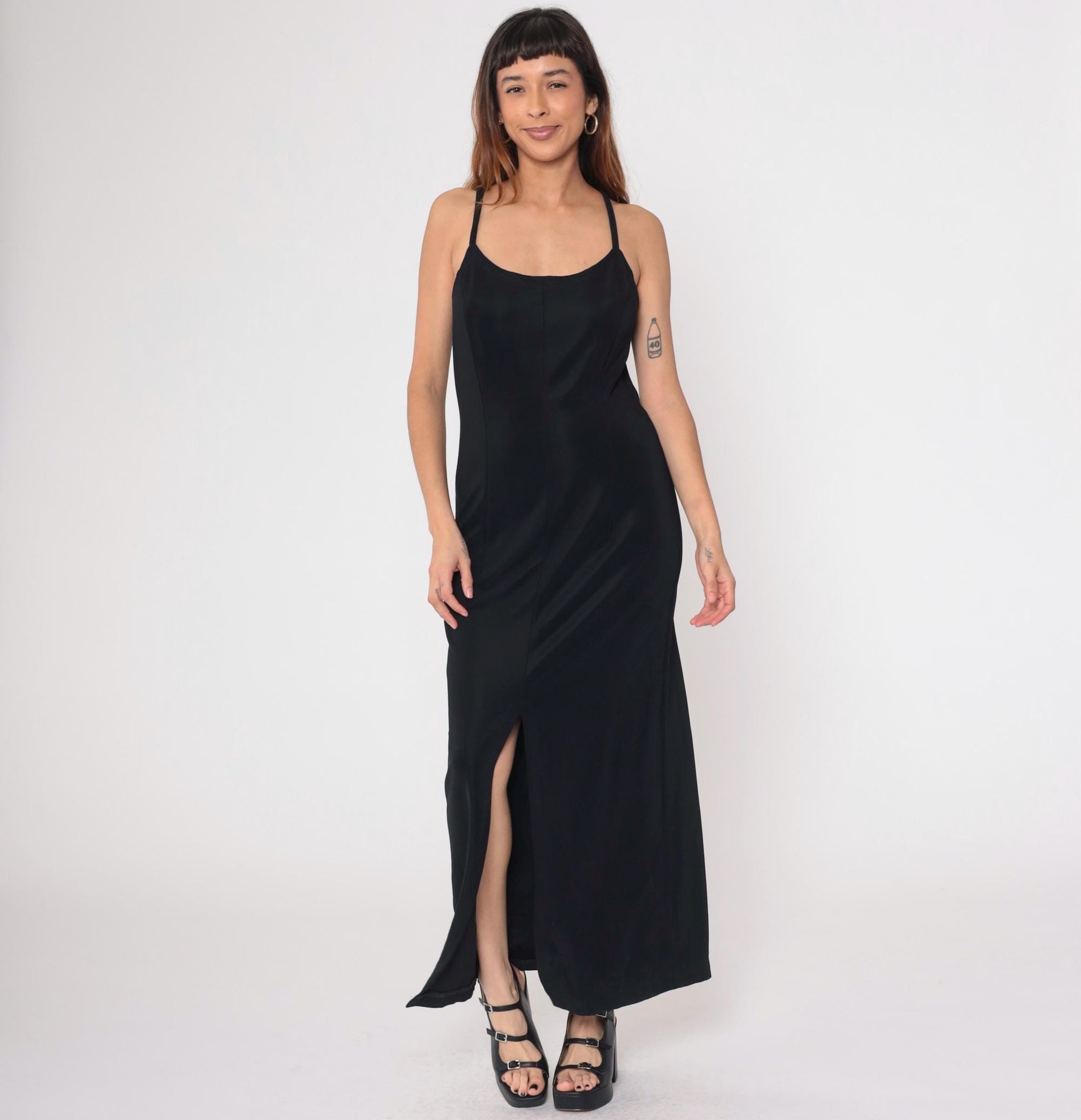 90s Scott McClintock Black Maxi Dress Spaghetti Strap Low Back Slit Medium