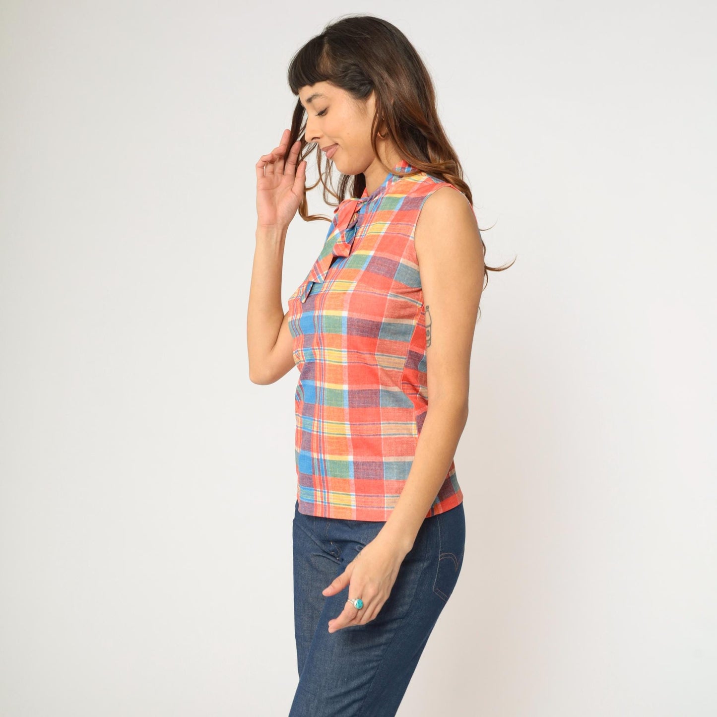 70s Checkered Tank Top Ascot Neckline Sleeveless Blouse Orange Blue Yellow Small