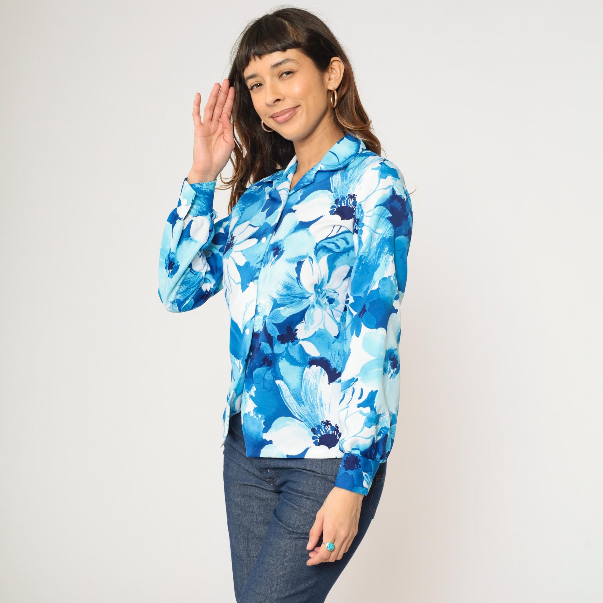 70s Kamehameha Floral Button-Up Blouse Blue White Long Sleeve Small
