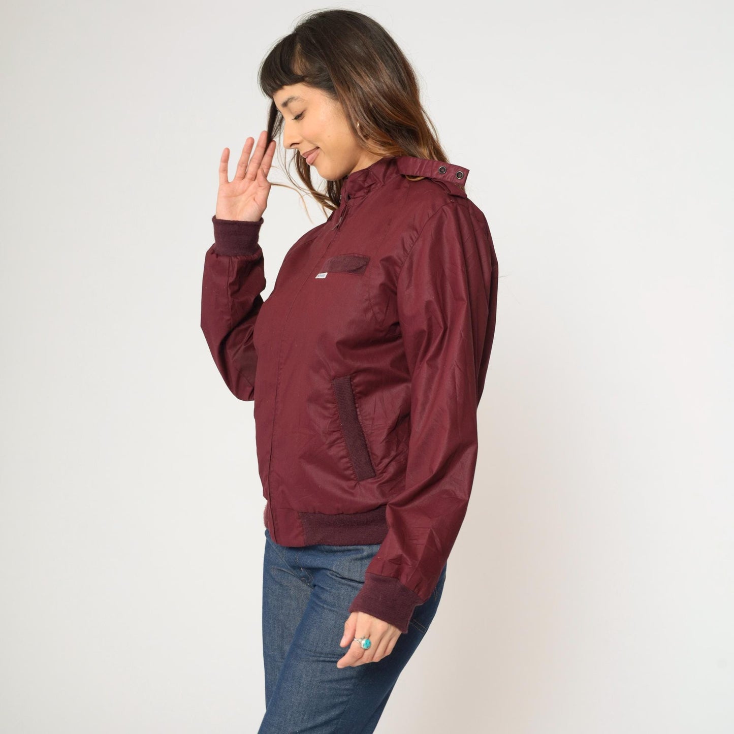 80s Burgundy Windbreaker Jacket 9 to 5 Clock Graphic Epaulette Zip-Up Small