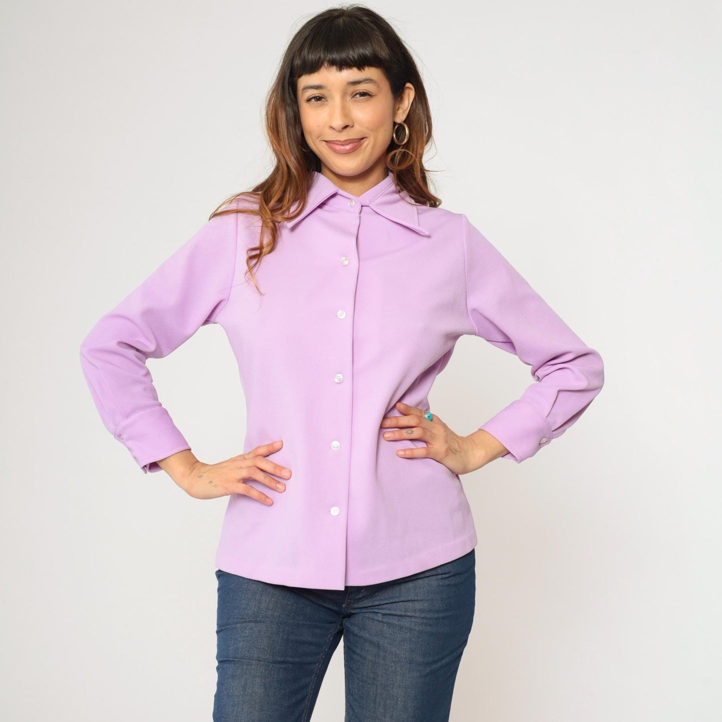 70s Lavender Button Up Blouse Dagger Collar Long Sleeve Shirt Medium