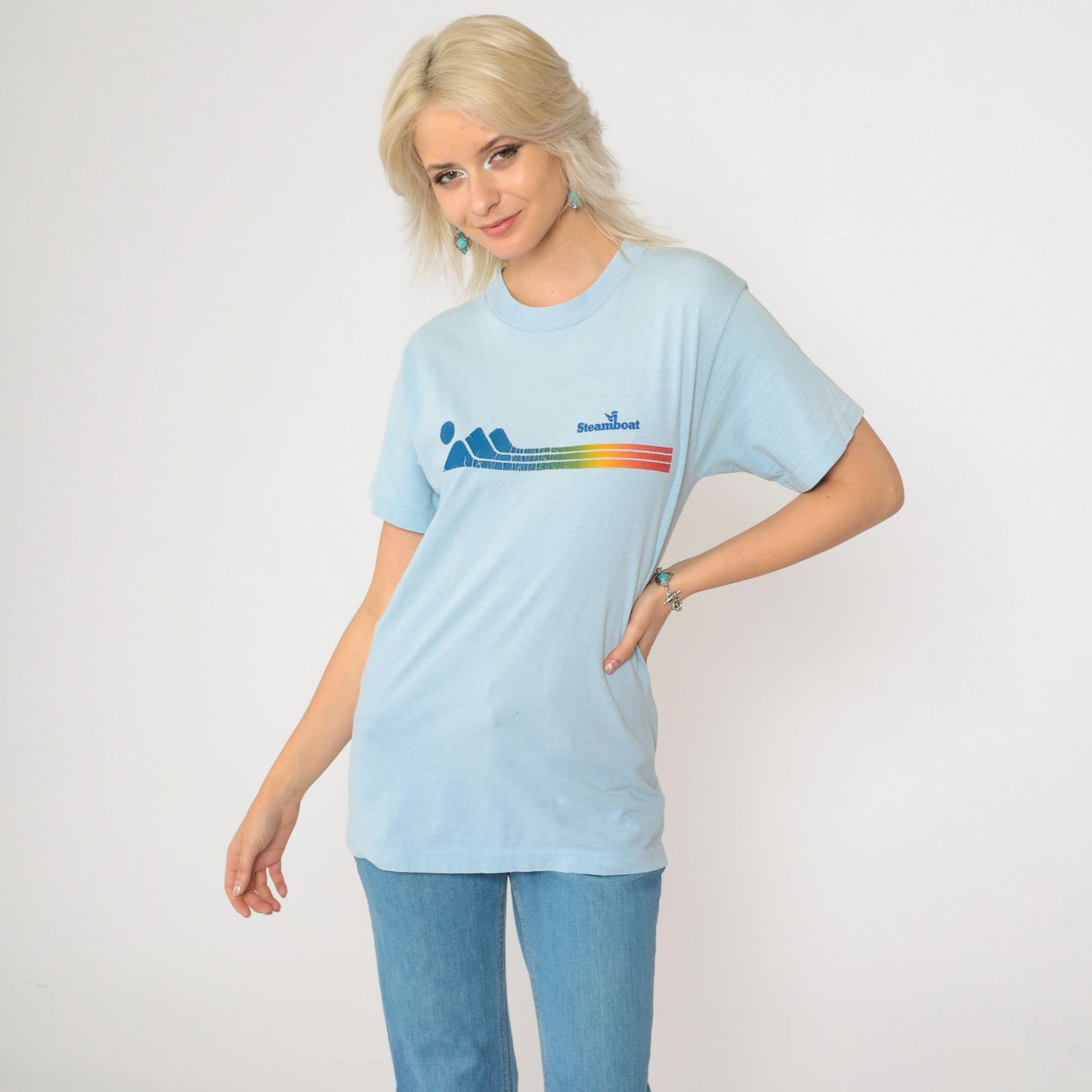 80s Steamboat Colorado Graphic T-Shirt Baby Blue Single Stitch Small