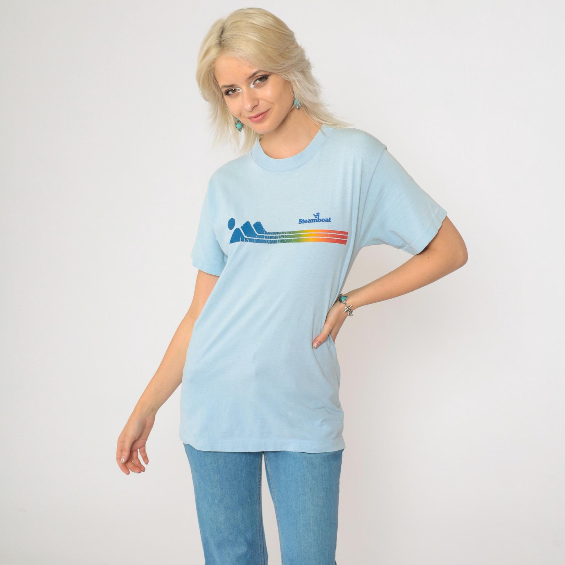 80s Steamboat Colorado Graphic T-Shirt Baby Blue Single Stitch Small