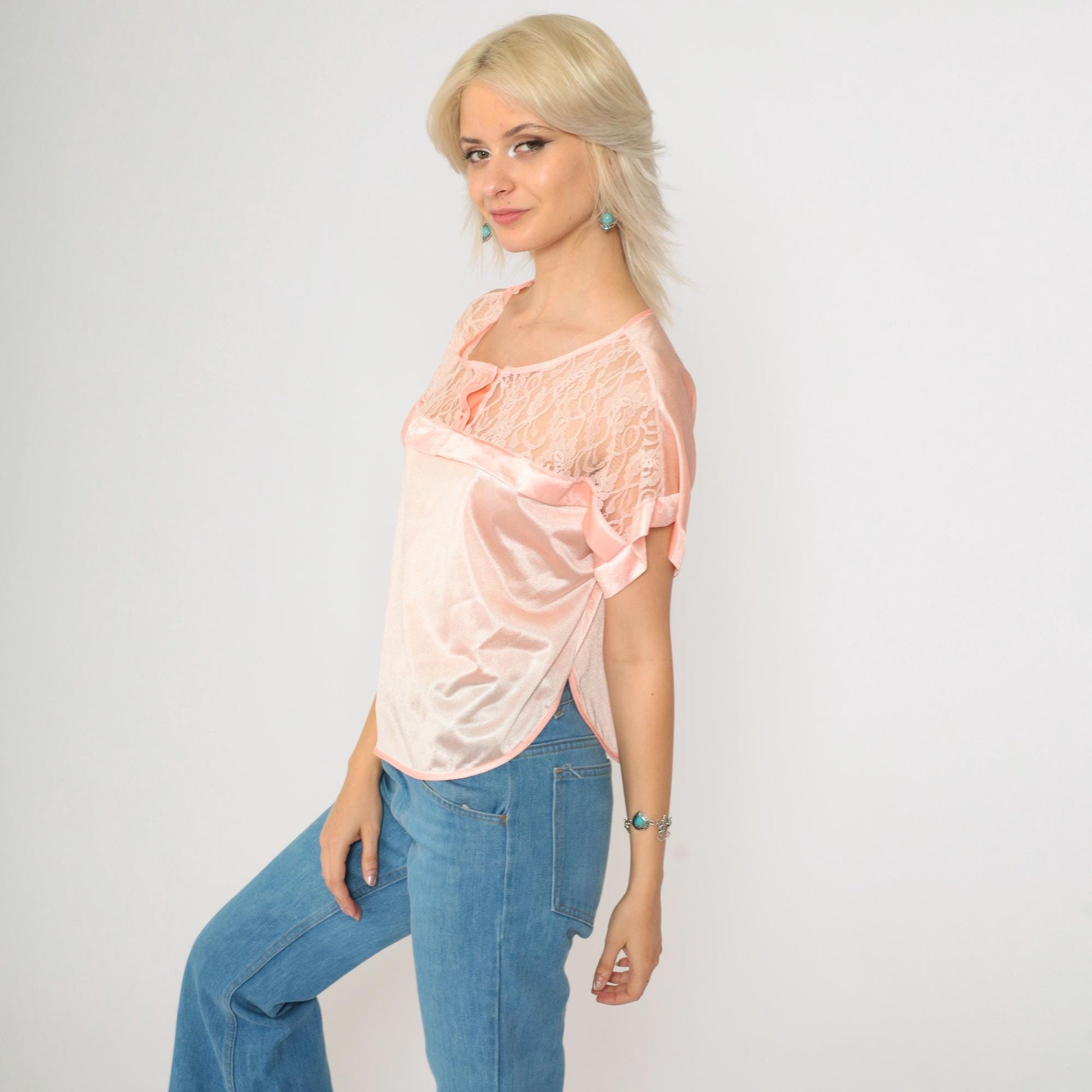 80s Baby Pink Nylon Lingerie Pajama Top Lace Button-Up Sleep Shirt Medium