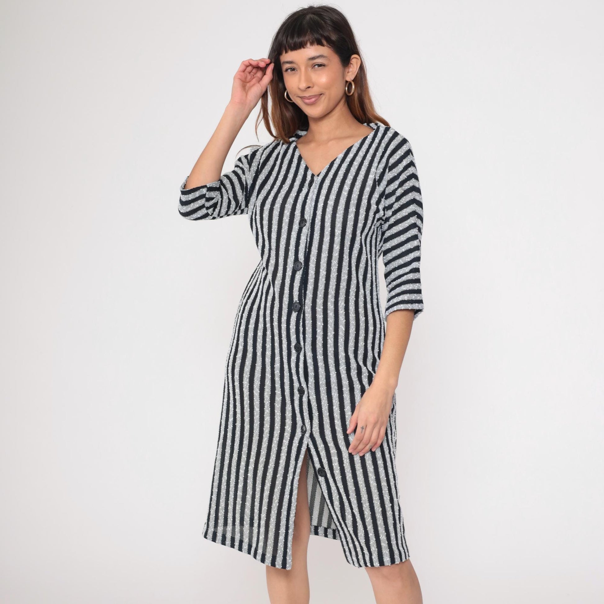 90s Black White Striped Knit Midi Shirtdress Dolman Sleeve V Neck Medium