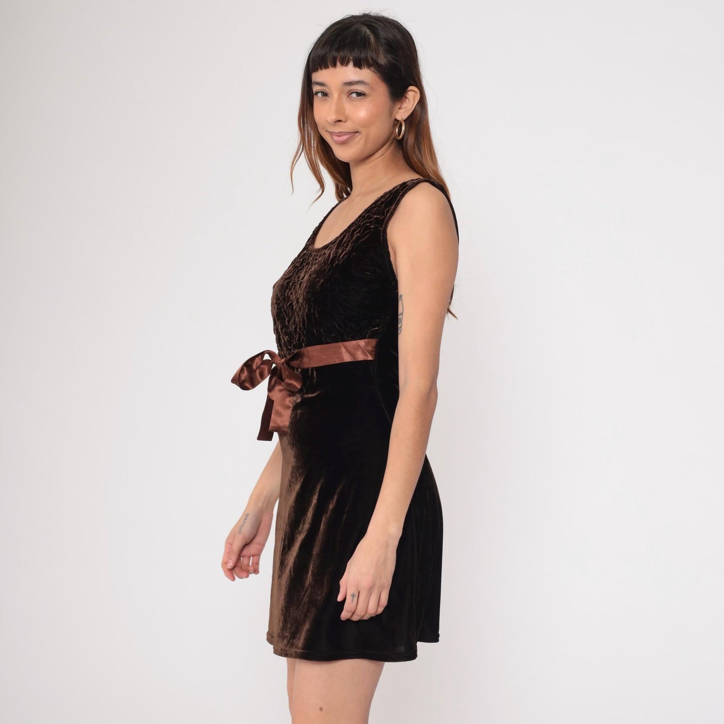 90s Brown Velvet Mini Dress Embroidered Ribbon Bow Sleeveless Medium