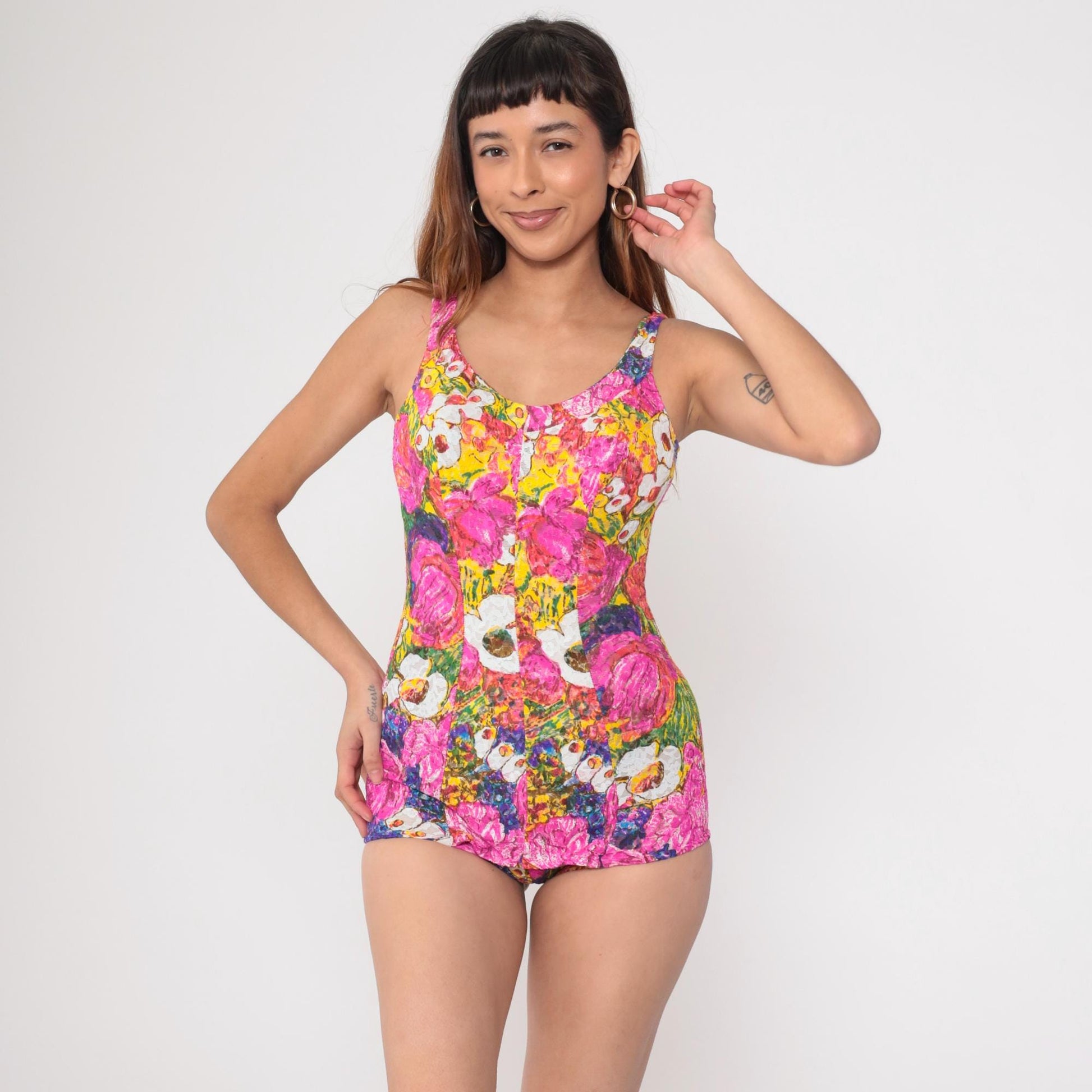 60s Rose Marie Reid One-Piece Bathing Suit Lace Floral Low Back Pink Yellow Small Medium