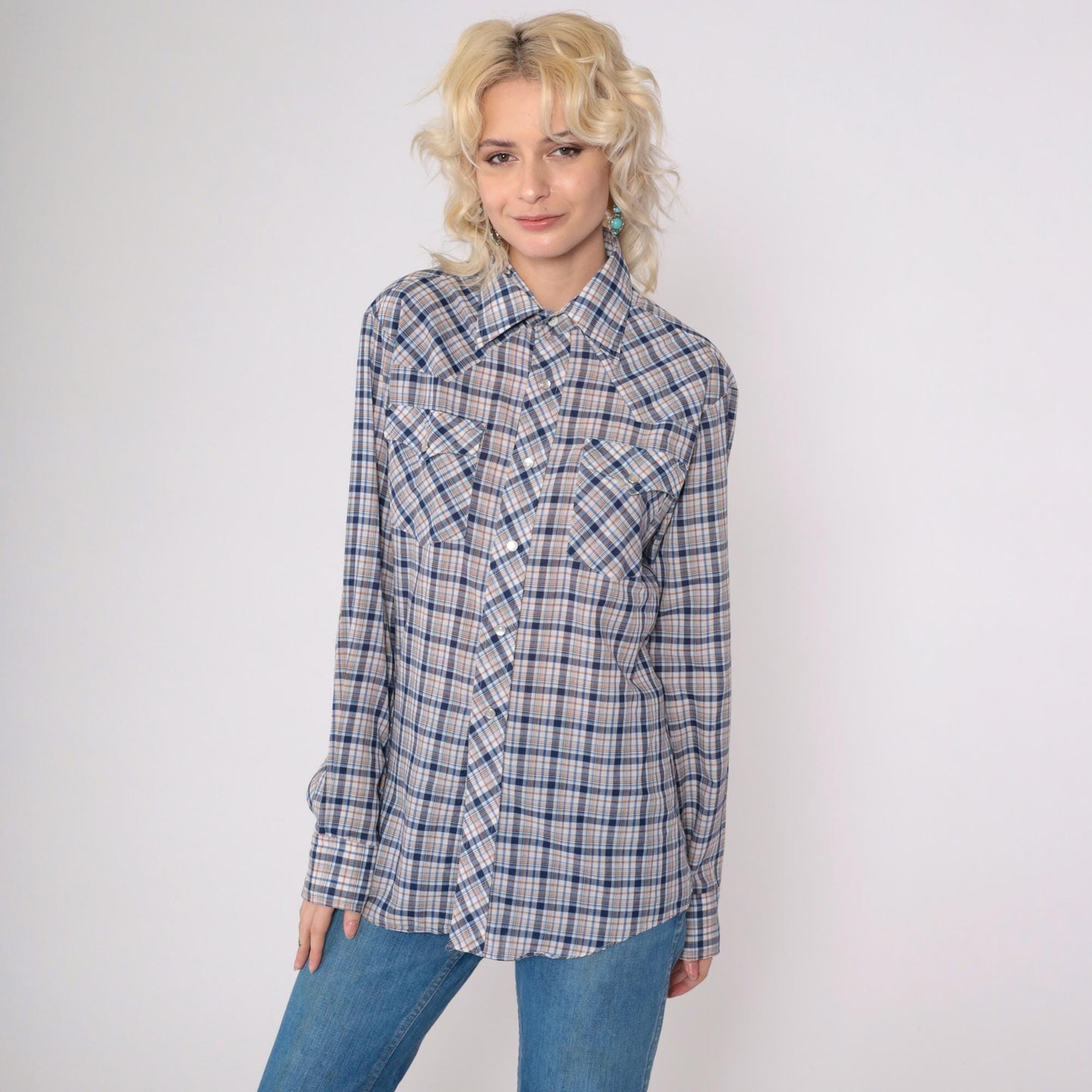 80s Saturdays in California Western Shirt Plaid Pearl Snap Blue White Medium