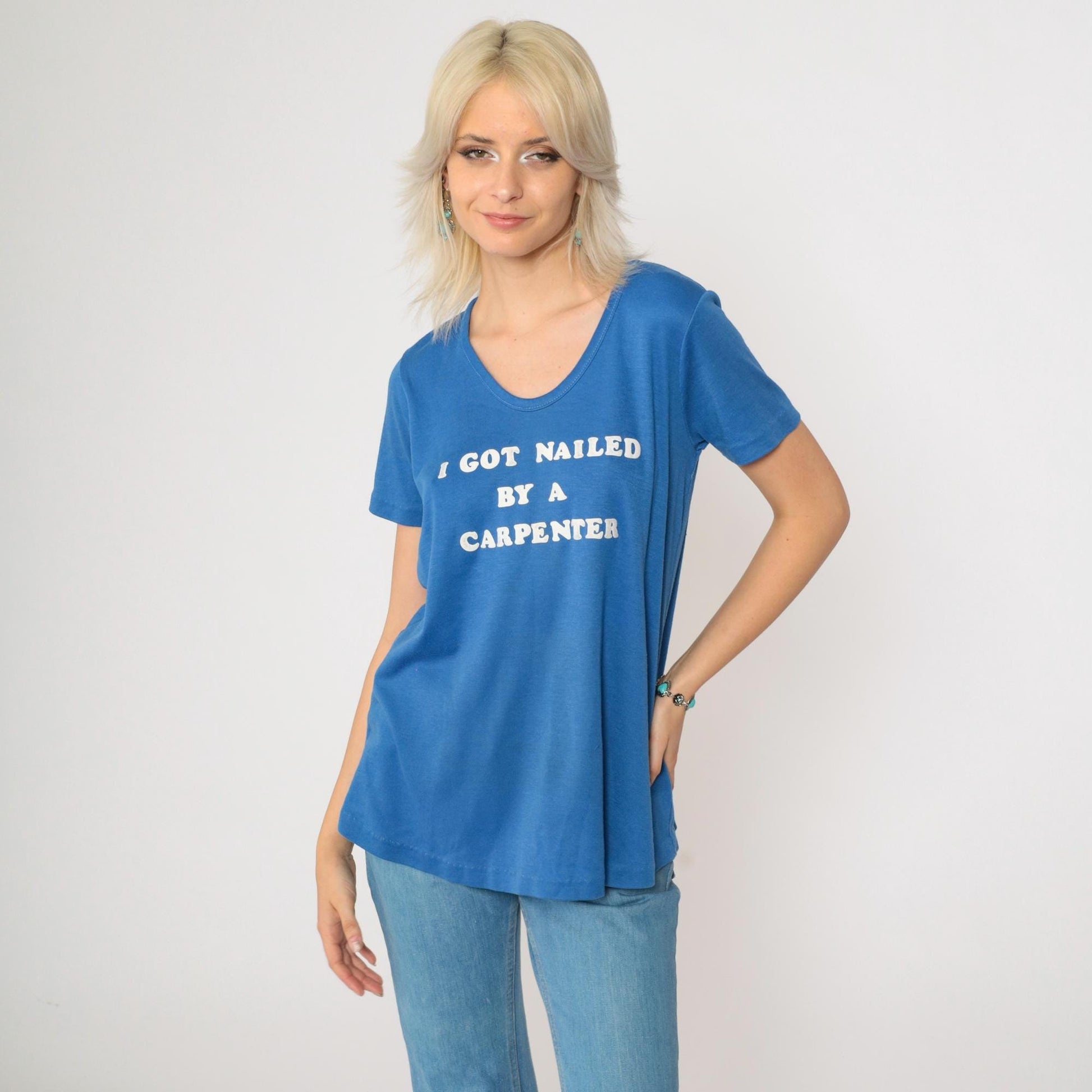 80s Maternity Graphic T-Shirt I Got Nailed By A Carpenter Blue Medium