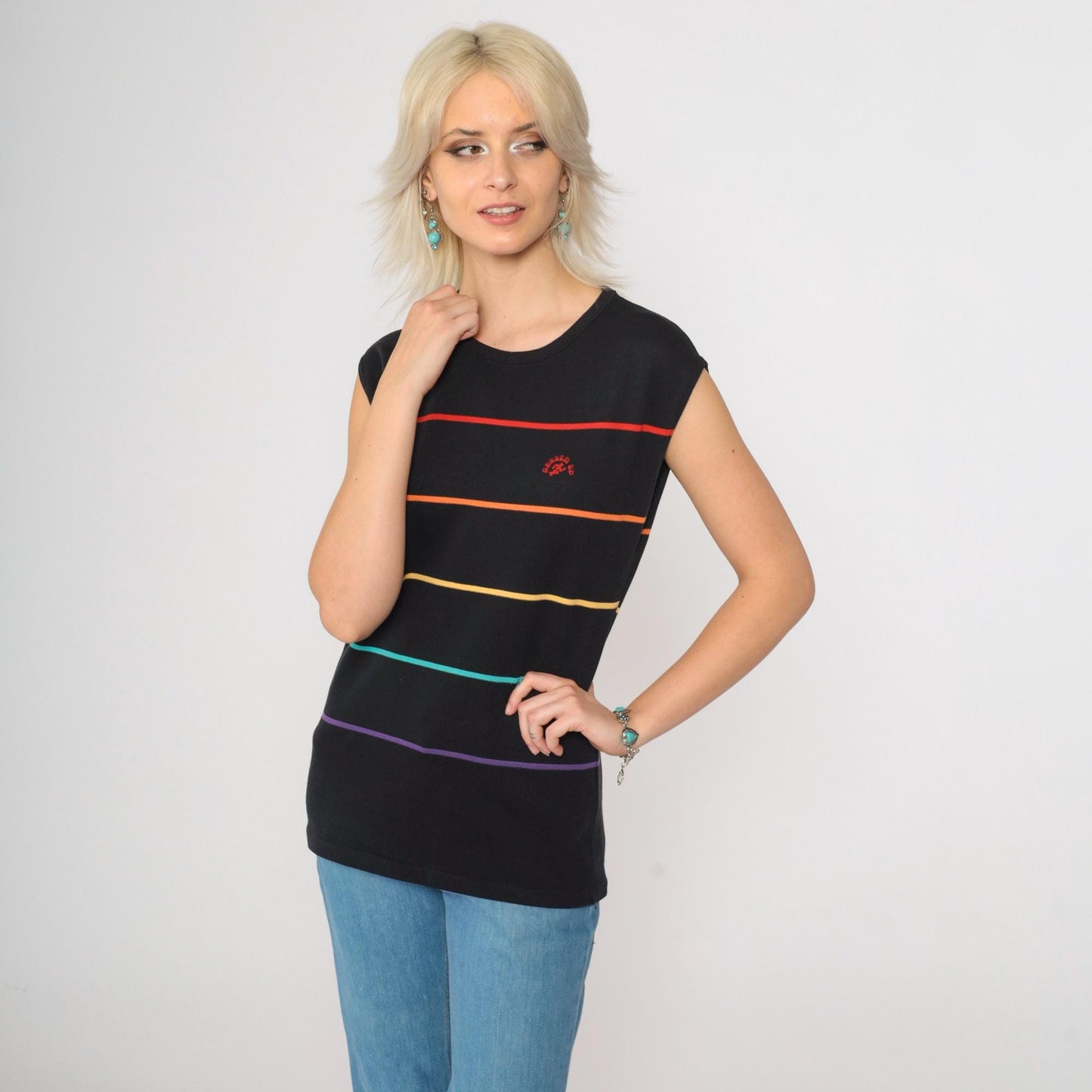 80s Runners Up Rainbow Striped Tank Top Black Muscle Shirt Small