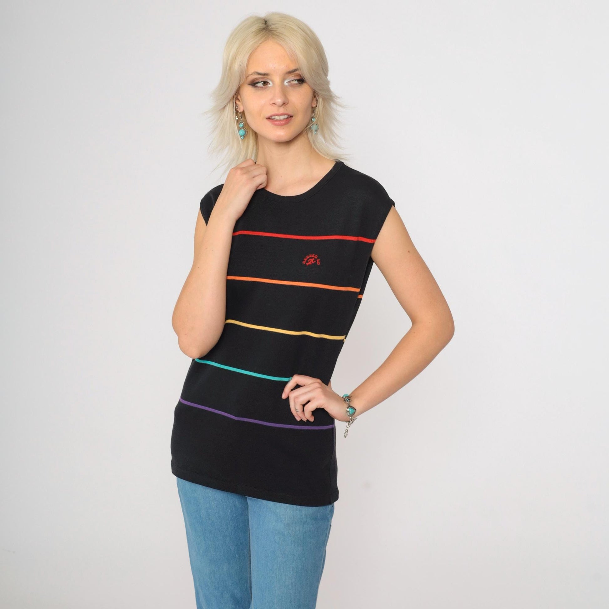 80s Runners Up Rainbow Striped Tank Top Black Muscle Shirt Small