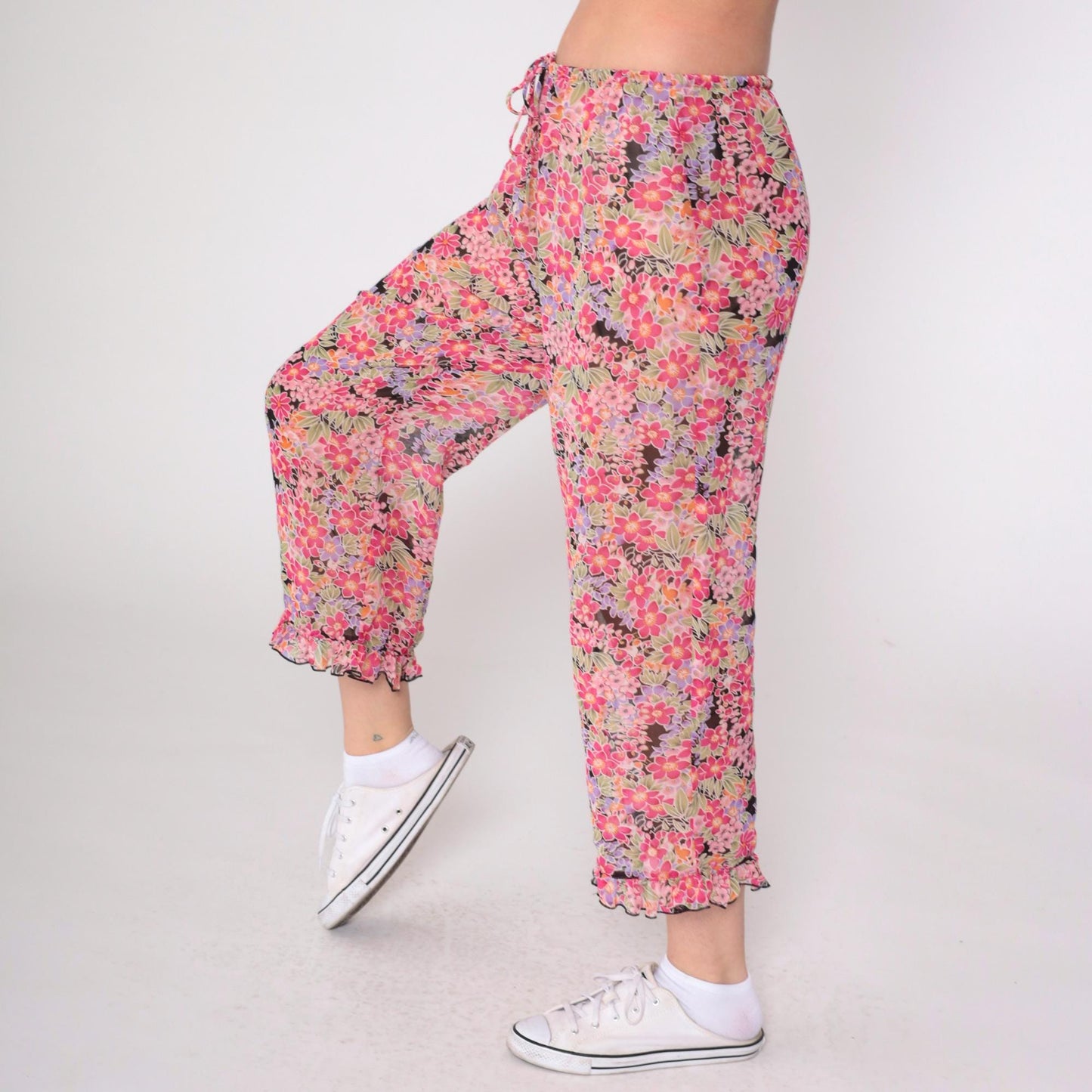 90s Sheer Floral Pink Cropped Trousers Ruffled Hem Drawstring Small