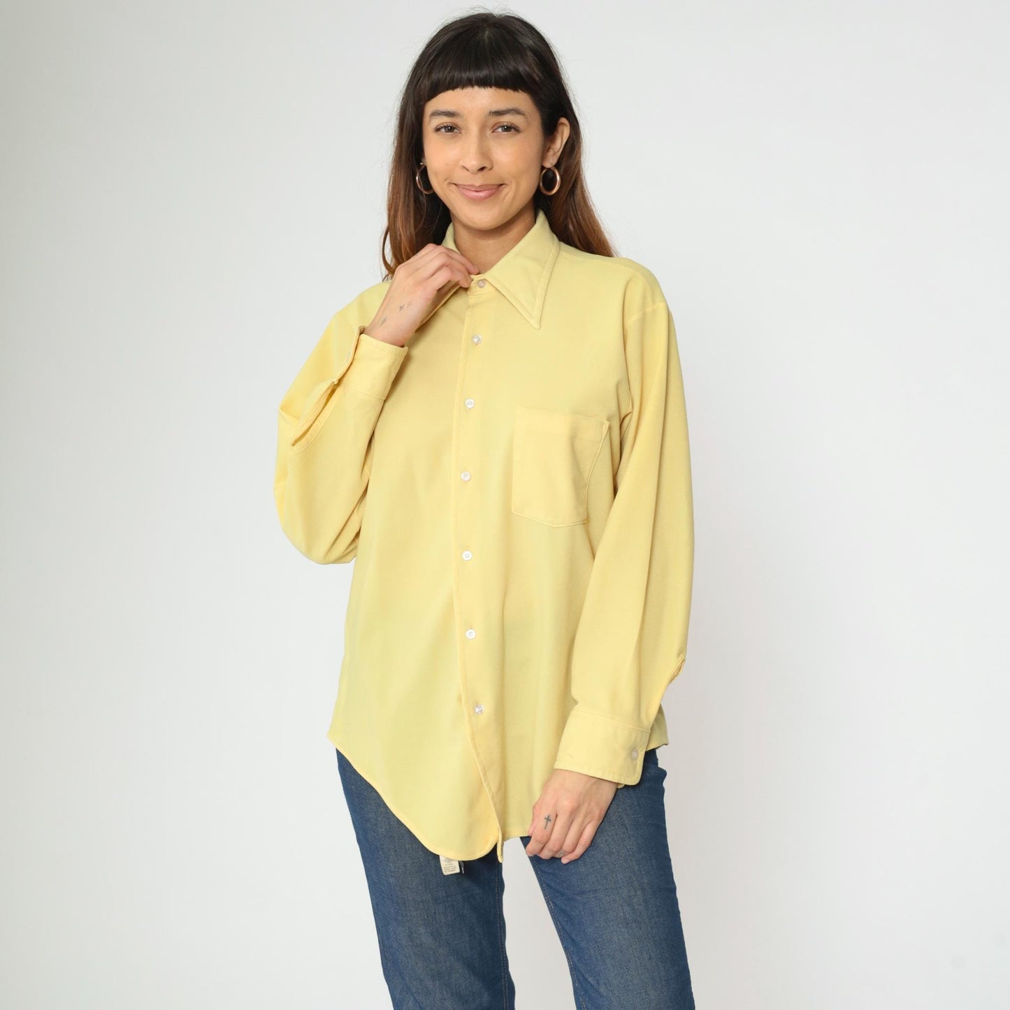 70s Van Heusen Yellow Pointed Collar Button-Up Shirt Long Sleeve Large