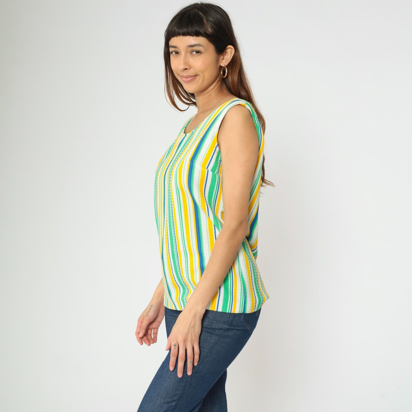 70s Striped Tank Top Scoop Neck Sleeveless Blouse Yellow Green Blue Small