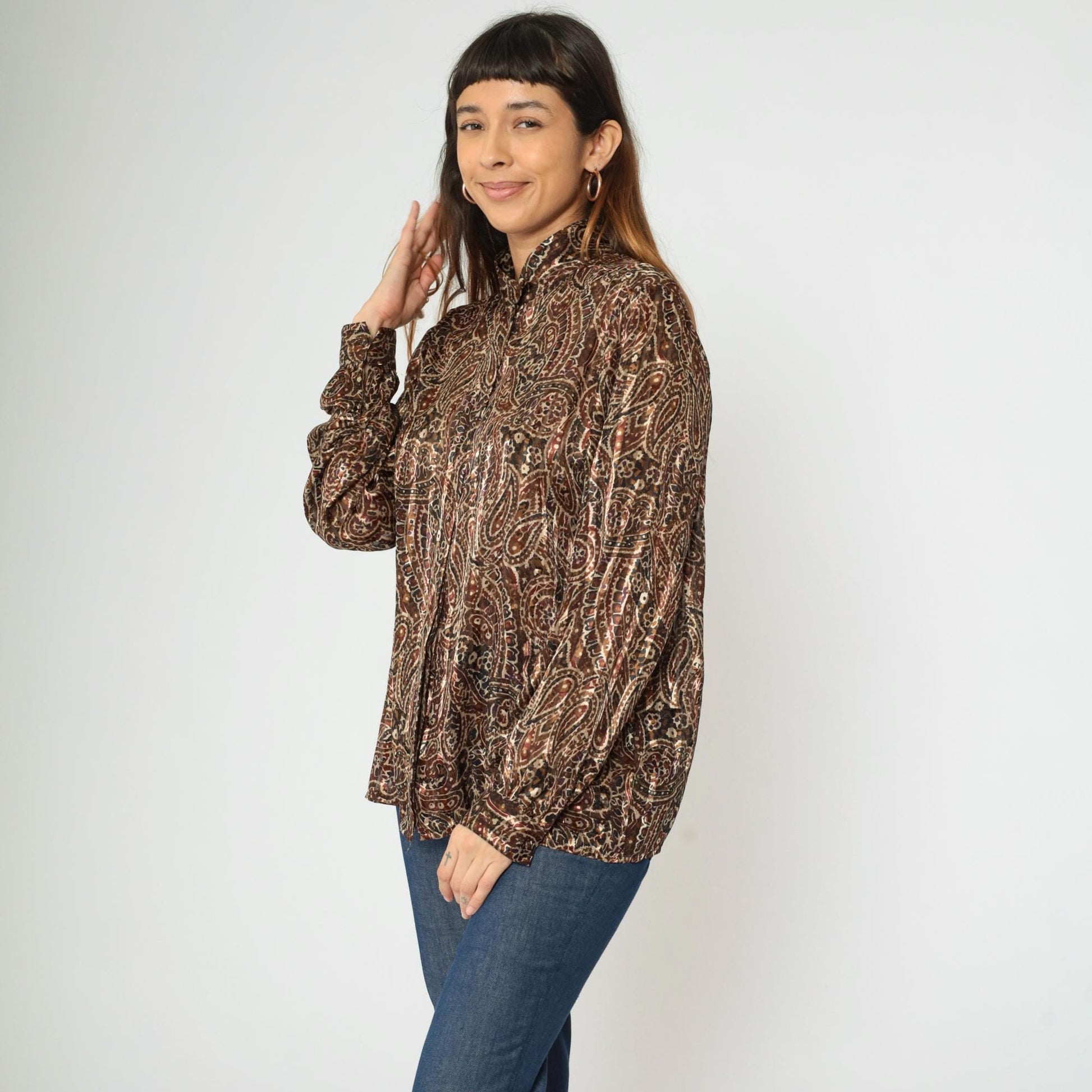 80s Yves St. Clair Paisley Puff Sleeve Blouse Metallic High Collar Large