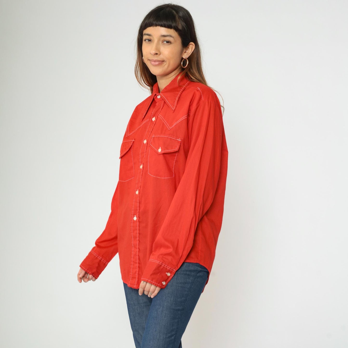 70s Van Cort Western Shirt Red Dagger Collar Topstitch Button Up Large