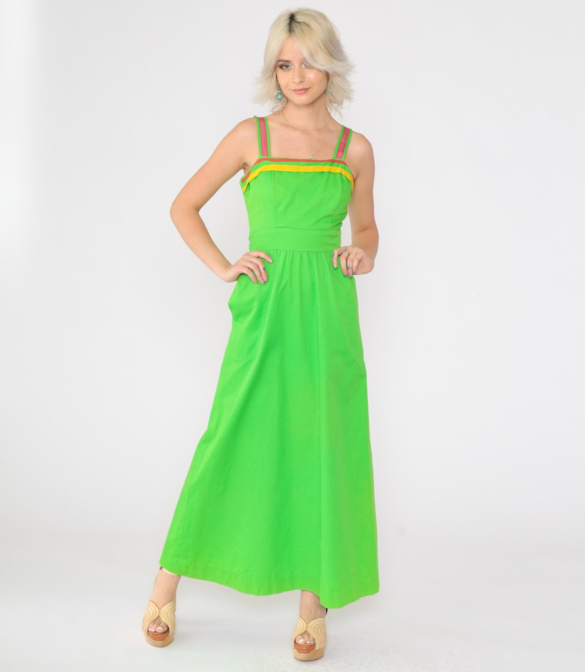 70s Bright Green Maxi Sundress Sleeveless High Waist Striped Trim Pockets XS