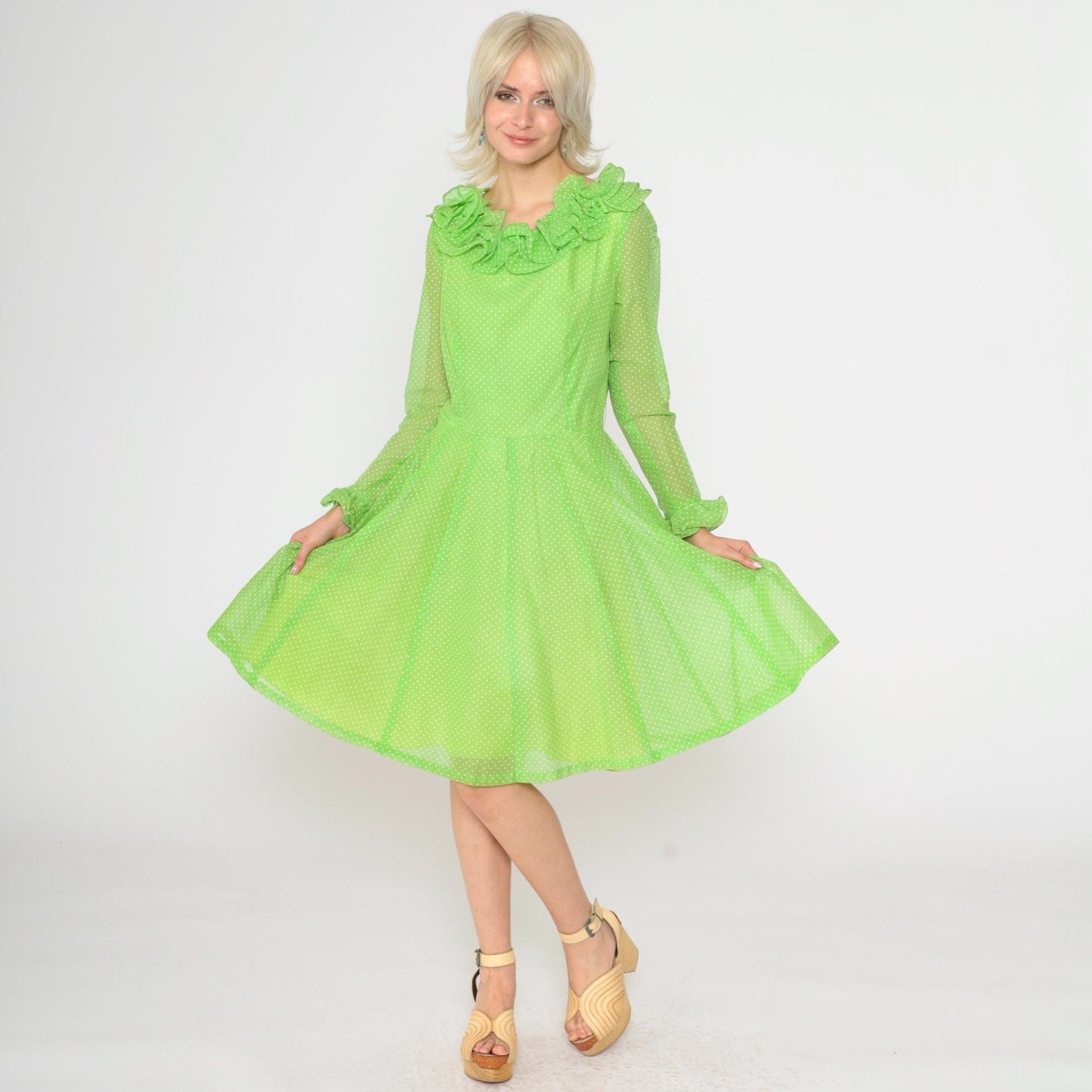 70s Coco California Polka Dot Midi Dress Green Ruffled High Waist Small