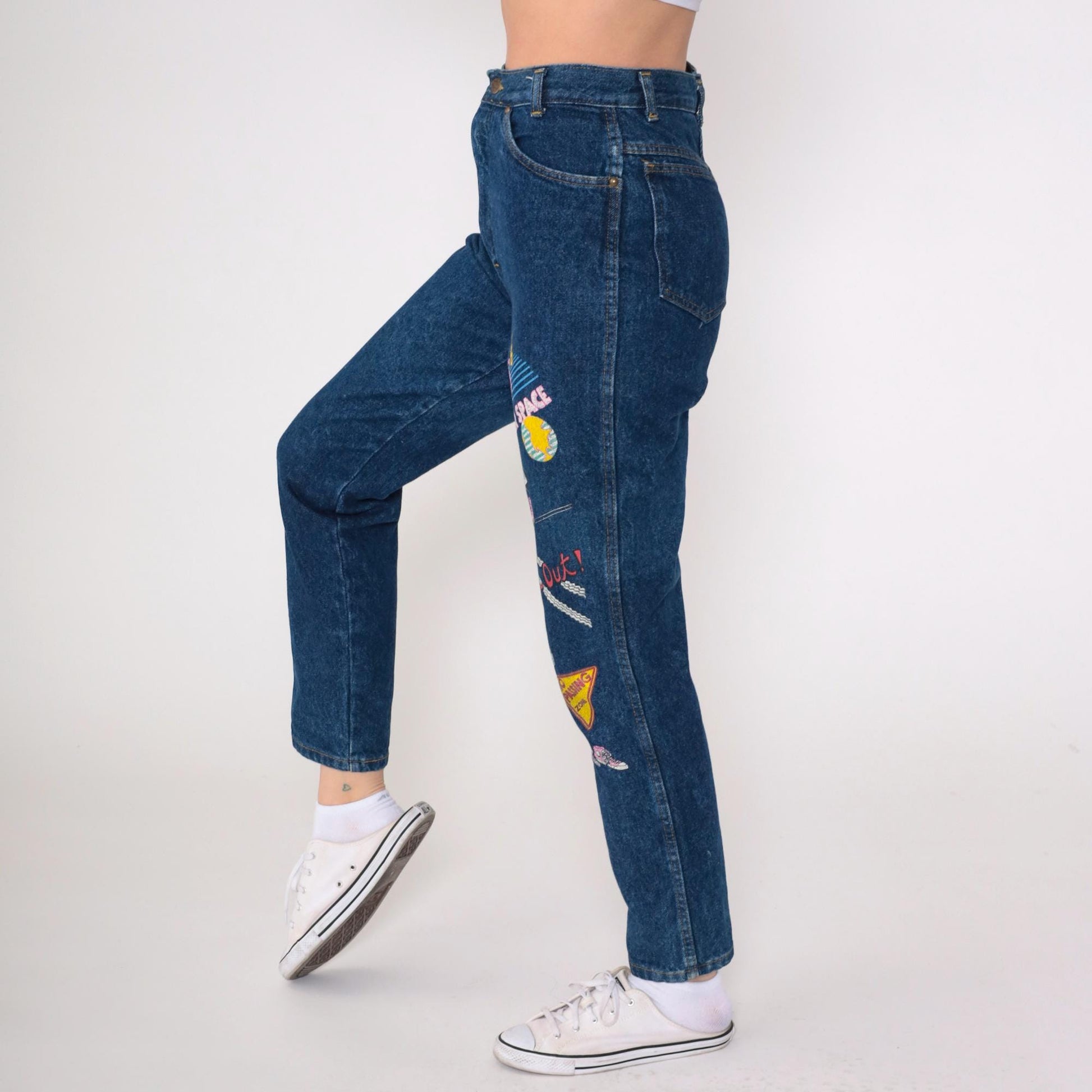 90s Astronaut Roller Skate Graphic High-Waist Jeans Dark Blue Denim Extra Small