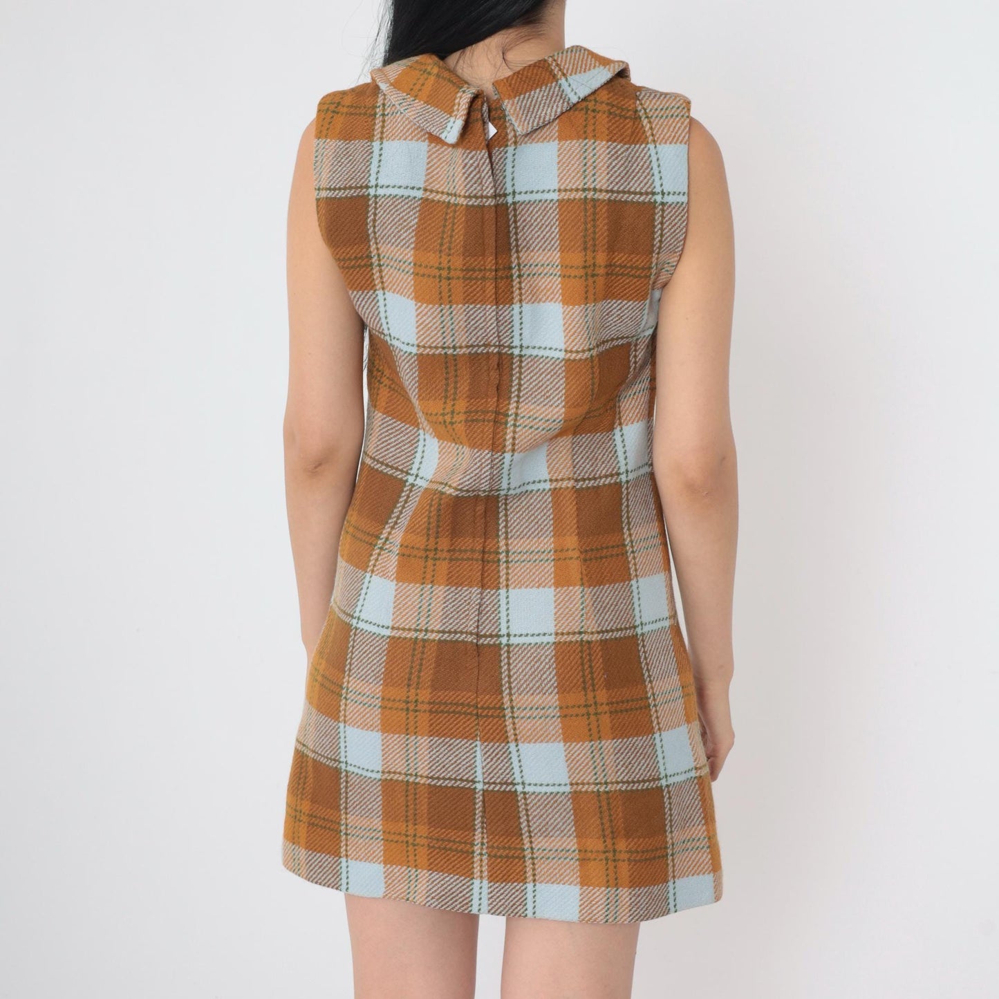 60s Plaid Shift Dress Mini Sleeveless Square Neckline Brown Orange Blue Small S
