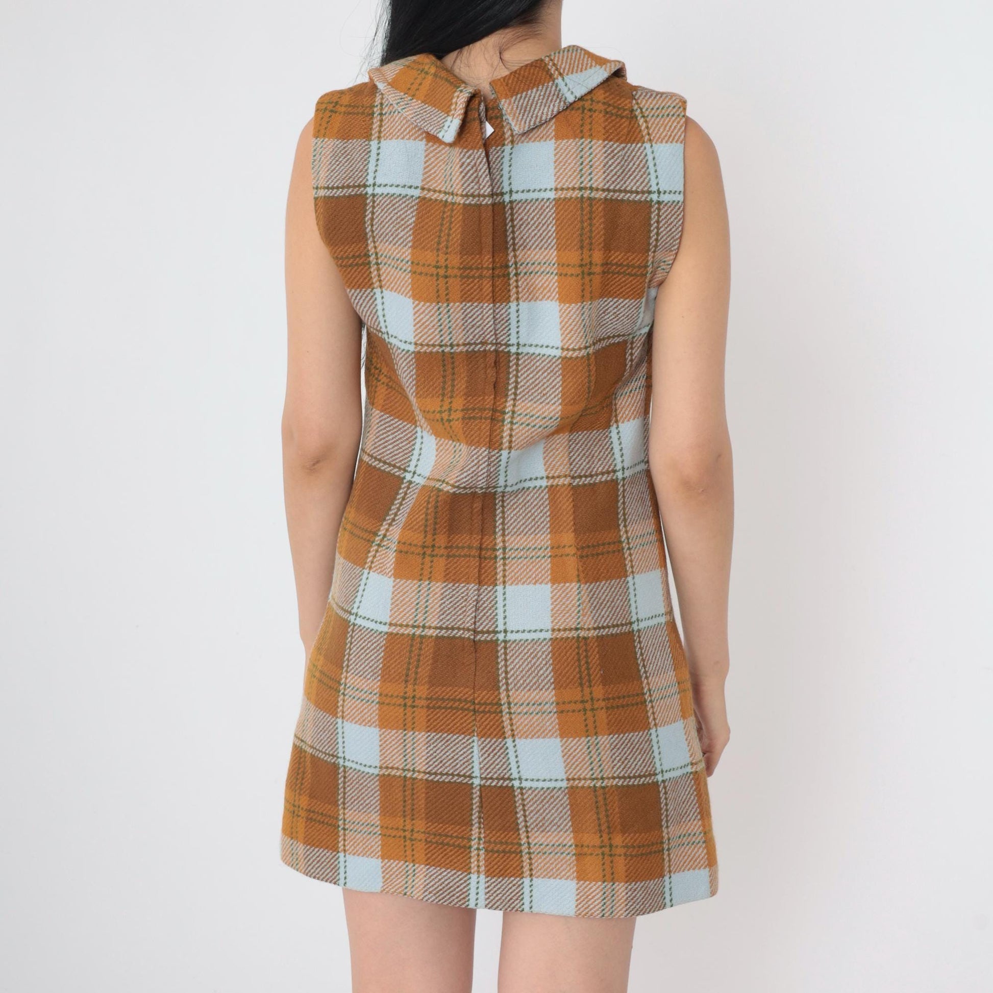 60s Plaid Shift Dress Mini Sleeveless Square Neckline Brown Orange Blue Small S