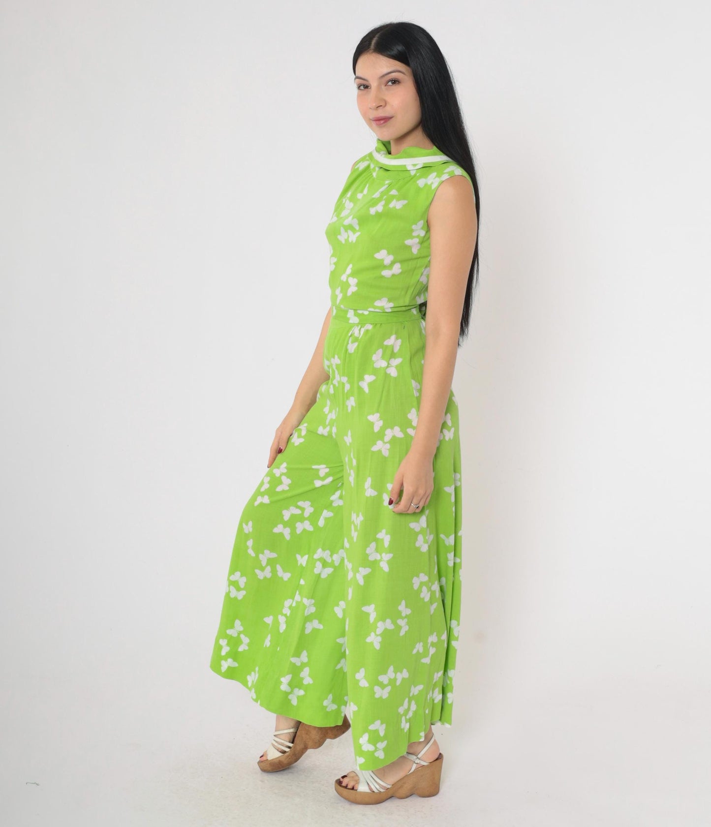 70s Butterfly Jumpsuit Wide Leg Sleeveless Mock Neck Green Small