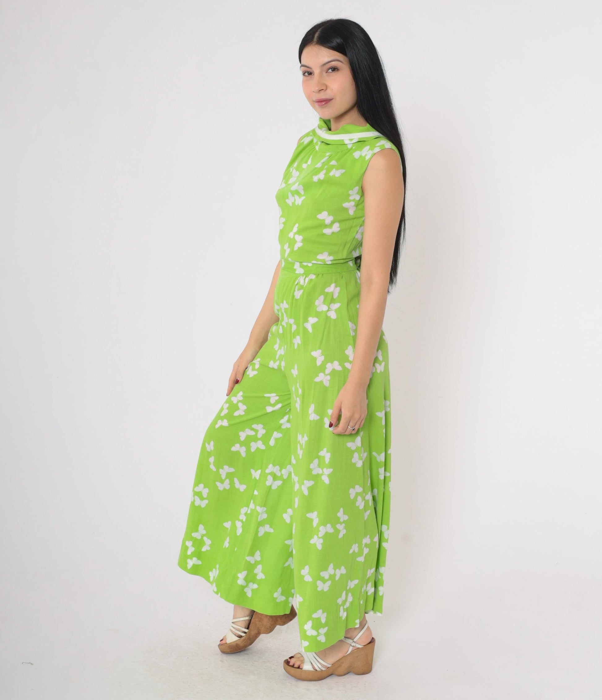 70s Butterfly Jumpsuit Wide Leg Sleeveless Mock Neck Green Small