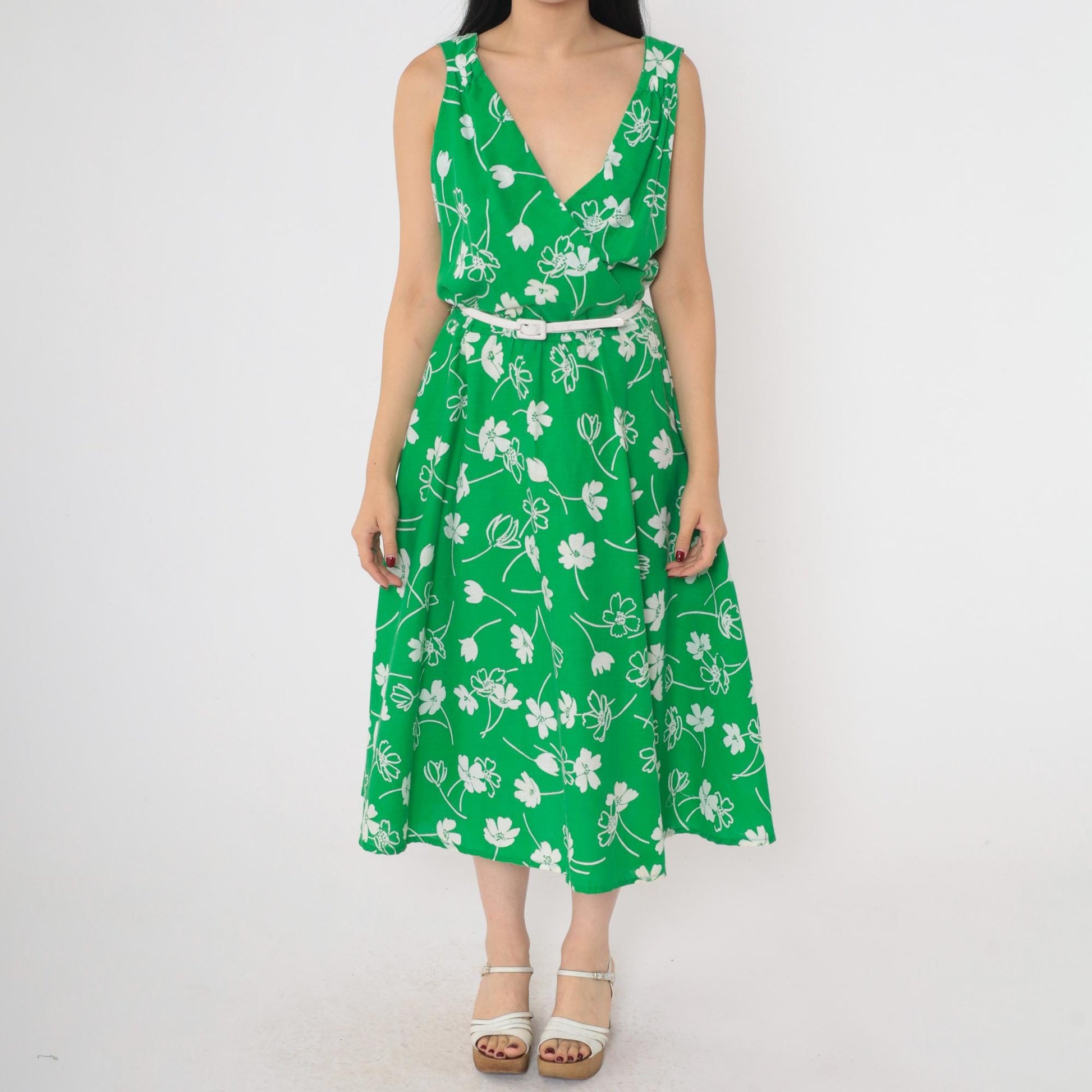 70s Green Floral Midi Wrap Dress Sleeveless High Waist White Belt Large