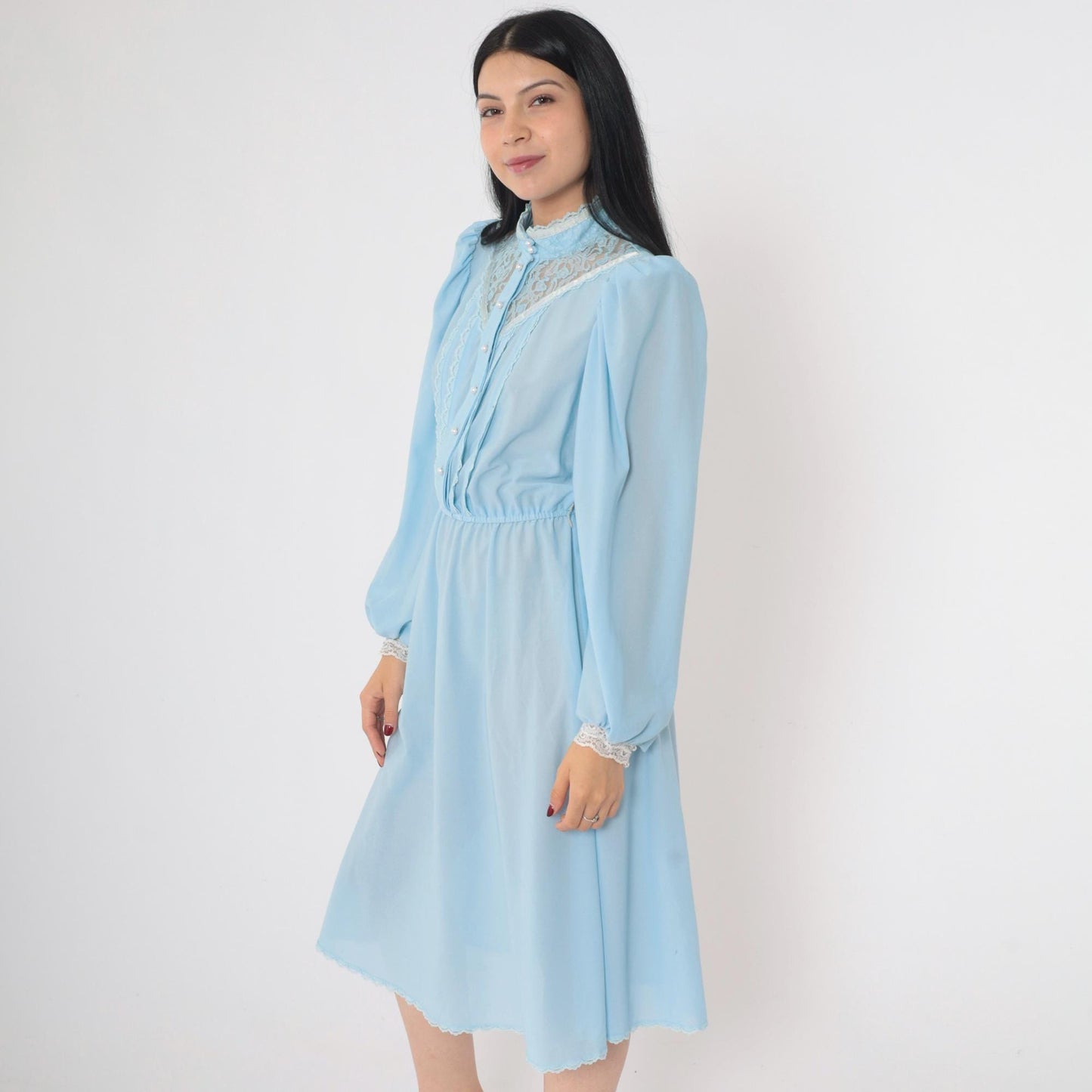 70s Baby Blue Midi Dress Pearl Button High Waist Puff Sleeve Lace Yoke Small