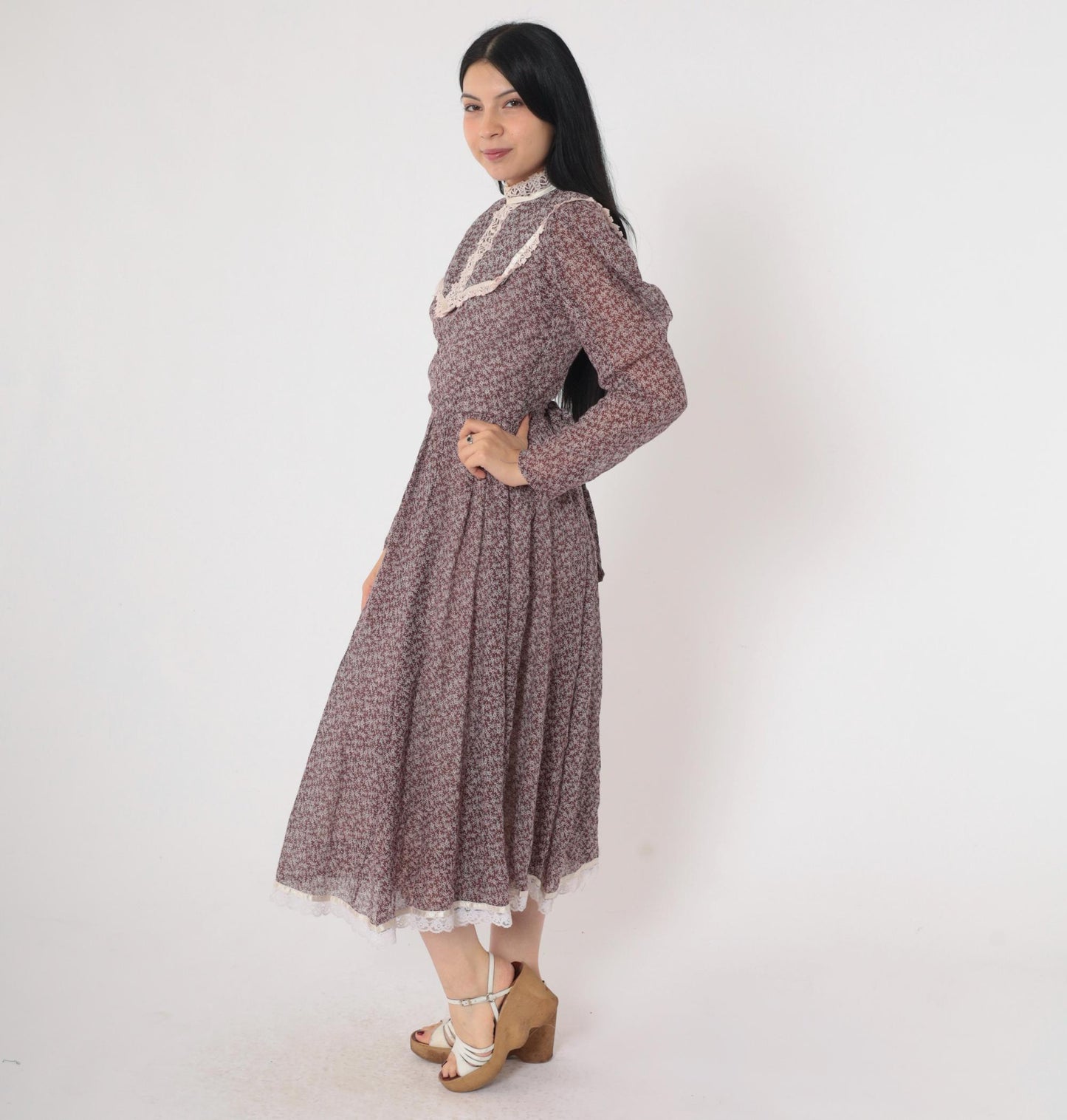 70s Gunne Sax Prairie Midi Dress Brown Floral Calico Lace Bib Puff Sleeve Extra Small