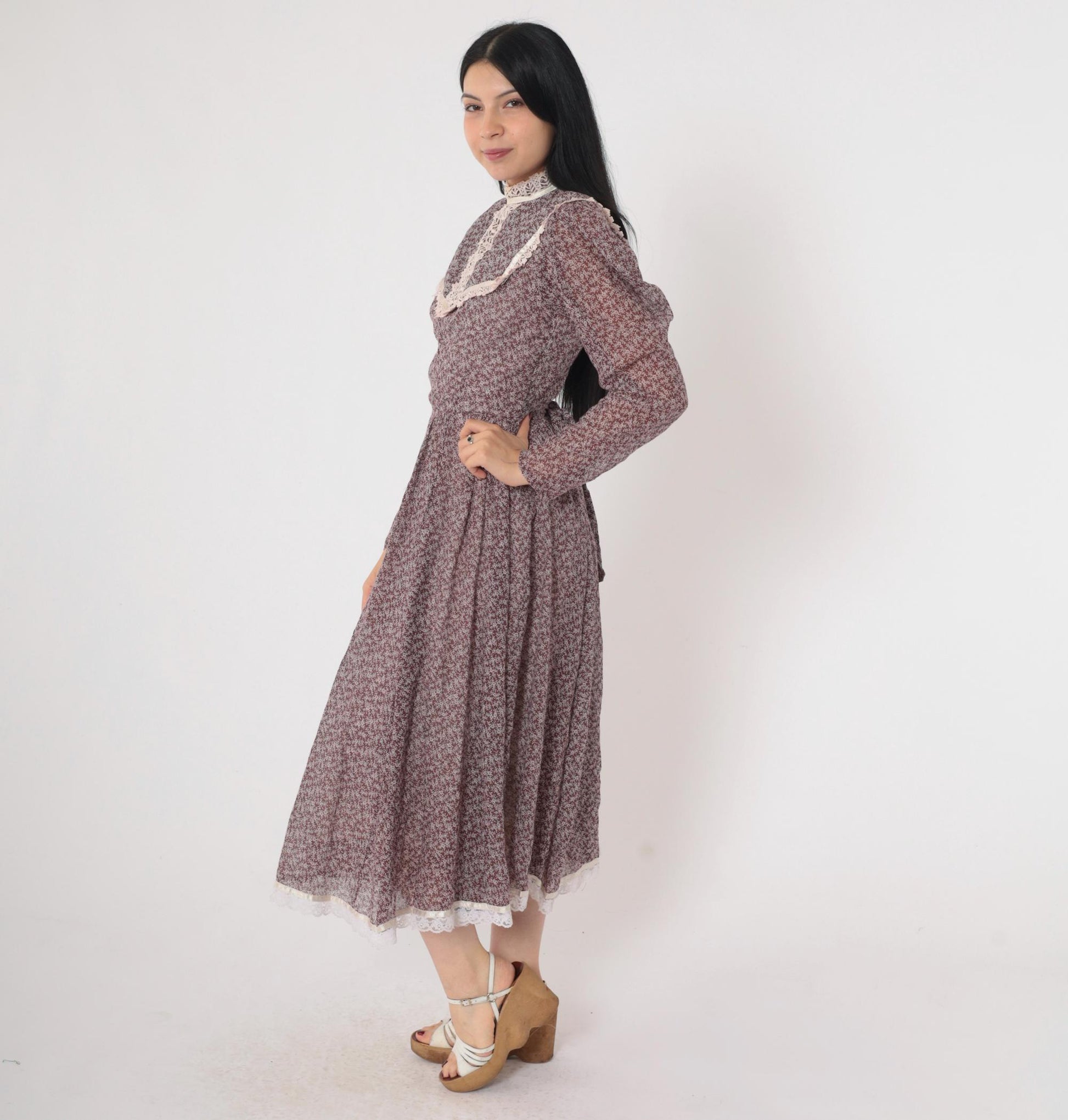 70s Gunne Sax Prairie Midi Dress Brown Floral Calico Lace Bib Puff Sleeve Extra Small