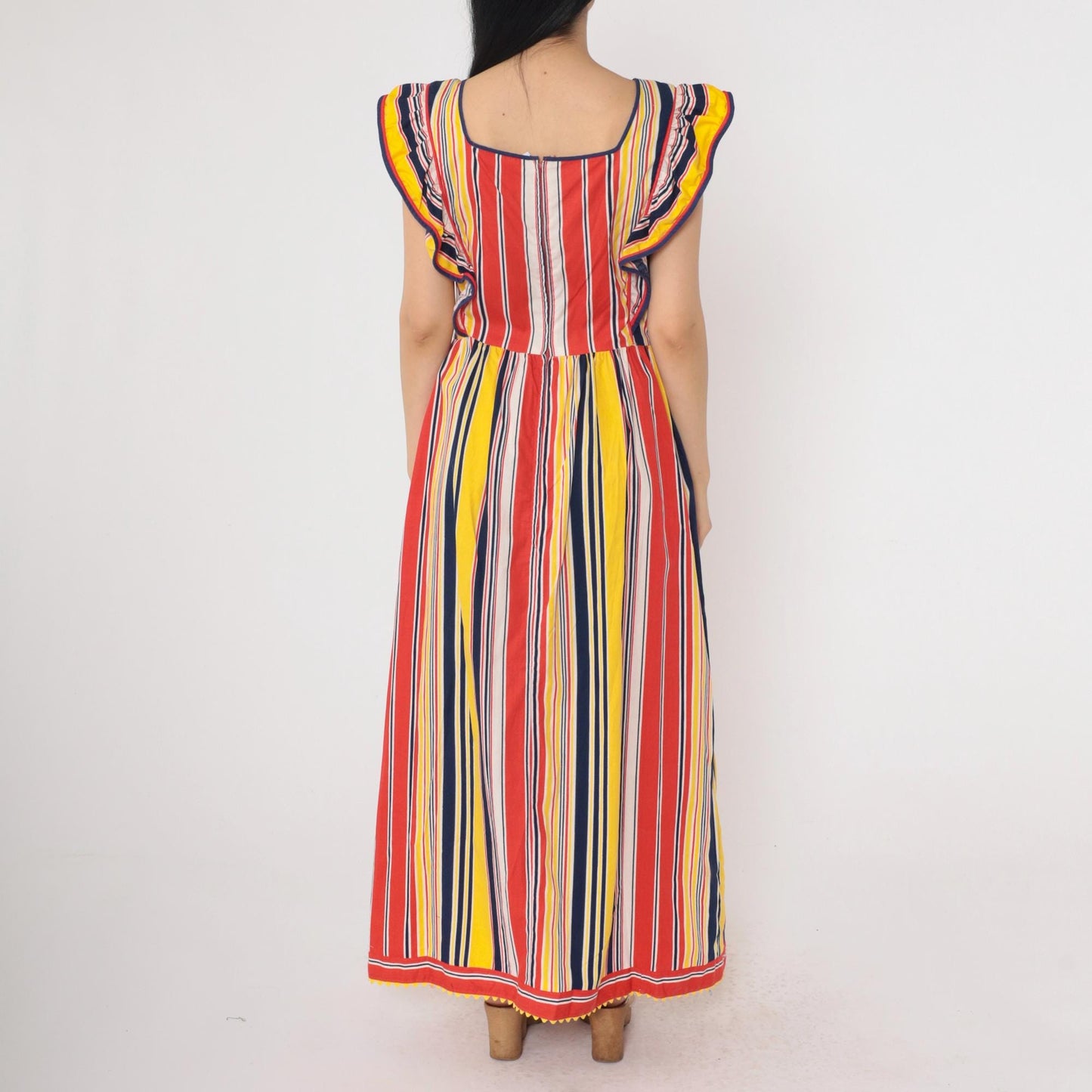 70s Striped Maxi Dress High Waist Ruffled Flutter Sleeve Red Yellow Navy Small Medium