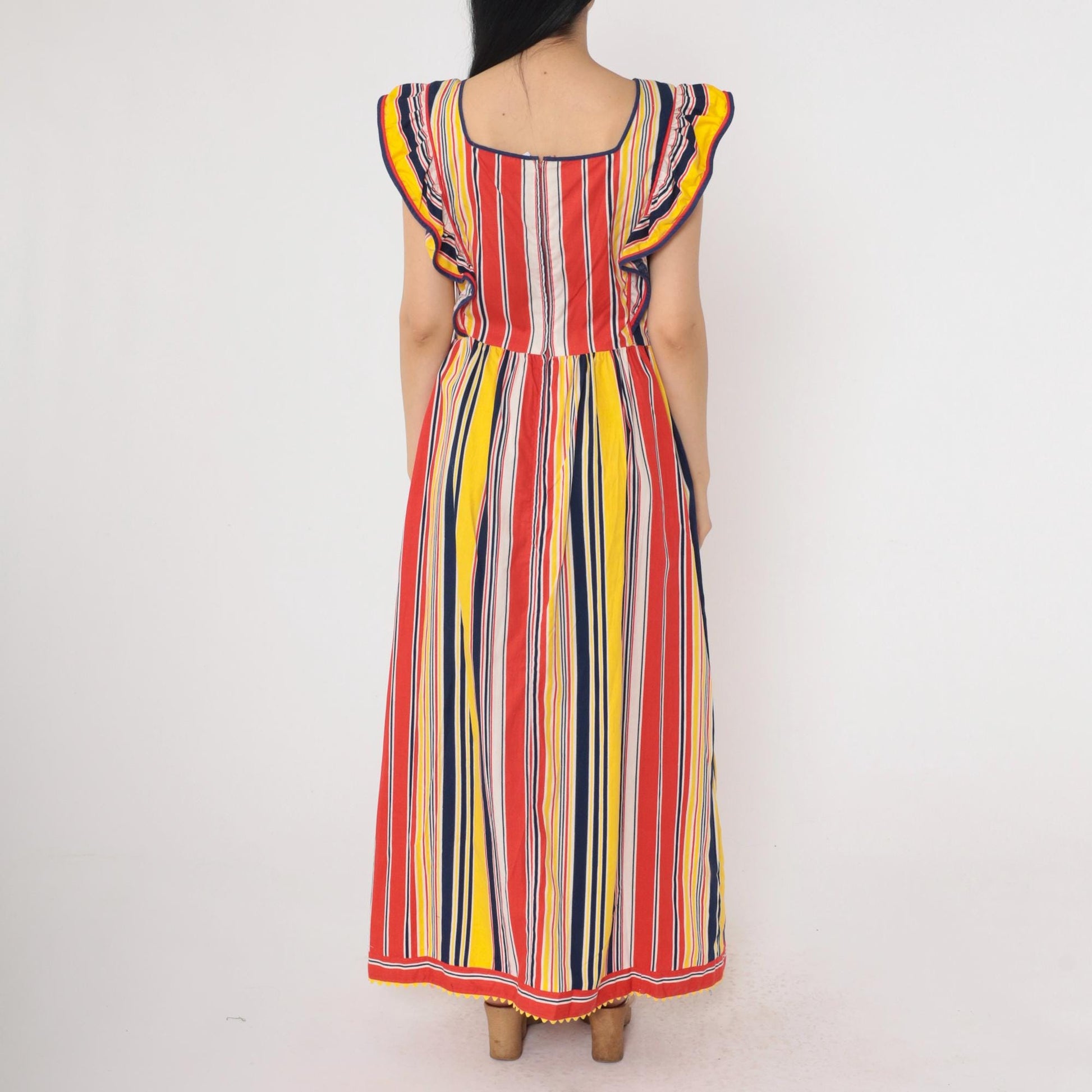 70s Striped Maxi Dress High Waist Ruffled Flutter Sleeve Red Yellow Navy Small Medium