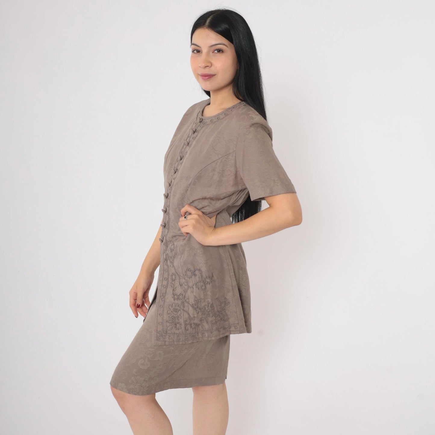 90s Brown Floral Soutache Sheath Dress Short Sleeve Knee-Length Small