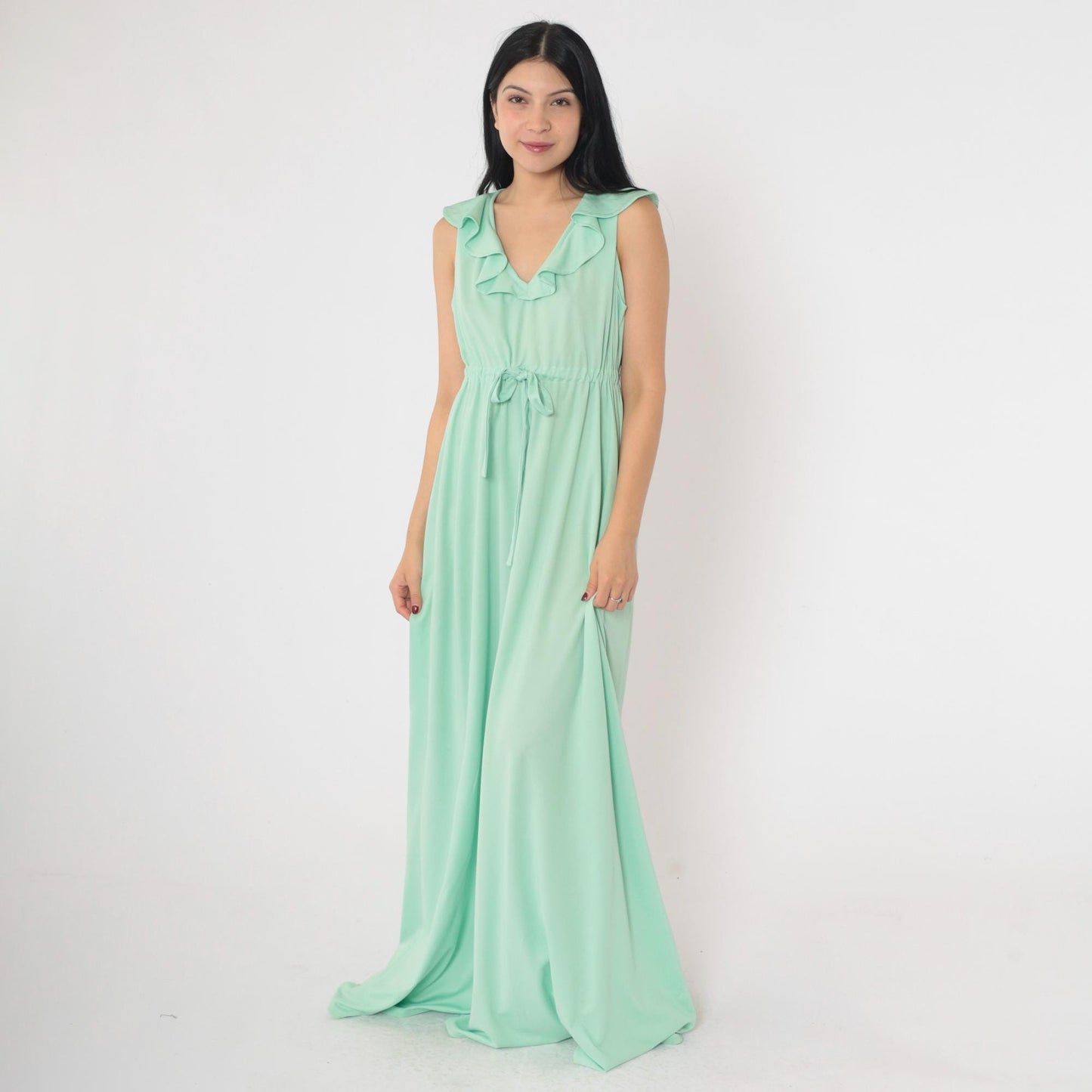 70s Mint Green Maxi Dress Ruffled V-Neck Sleeveless Drawstring Waist Medium