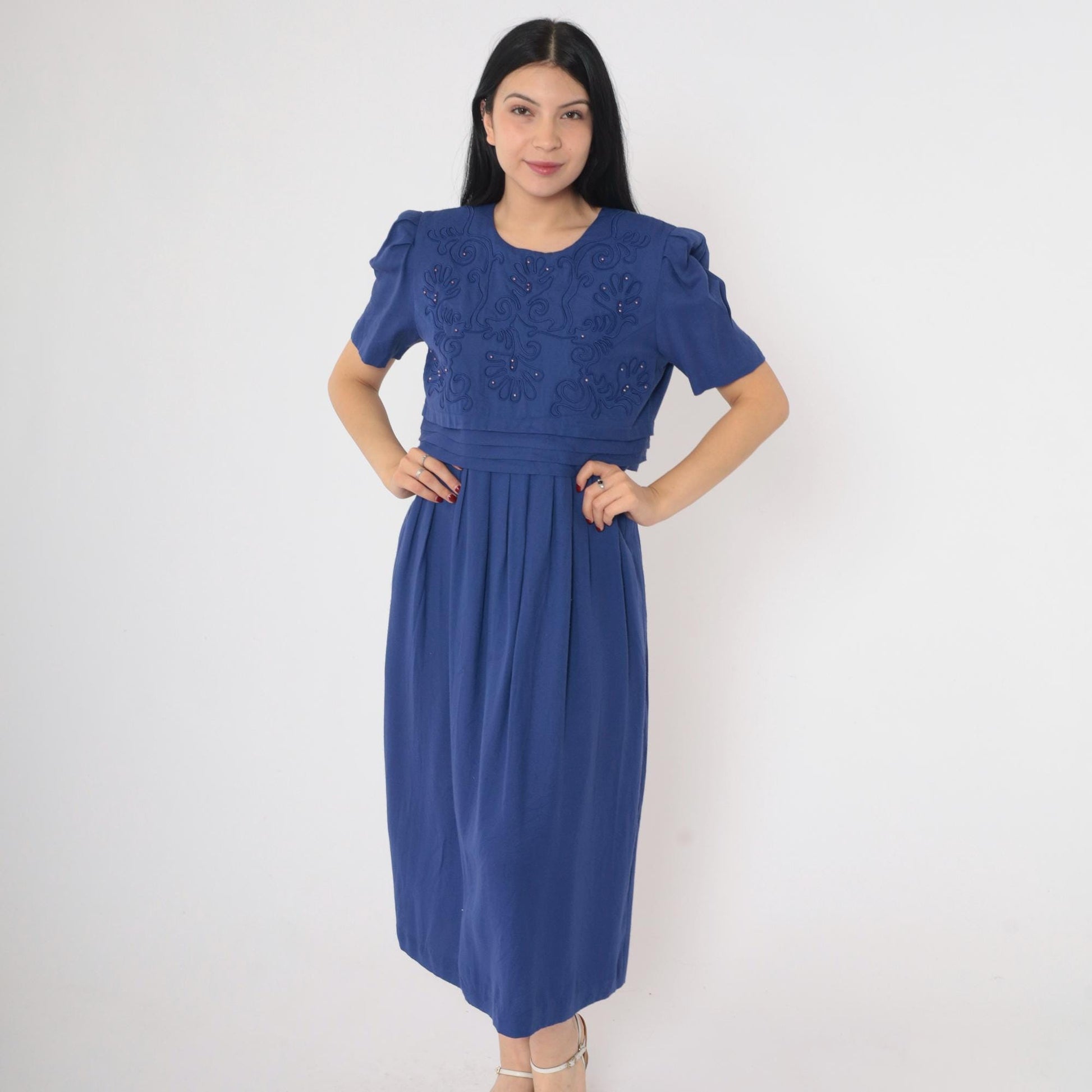 90s Karin Stevens Indigo Beaded Midi Dress Puff Sleeve High Waist Medium