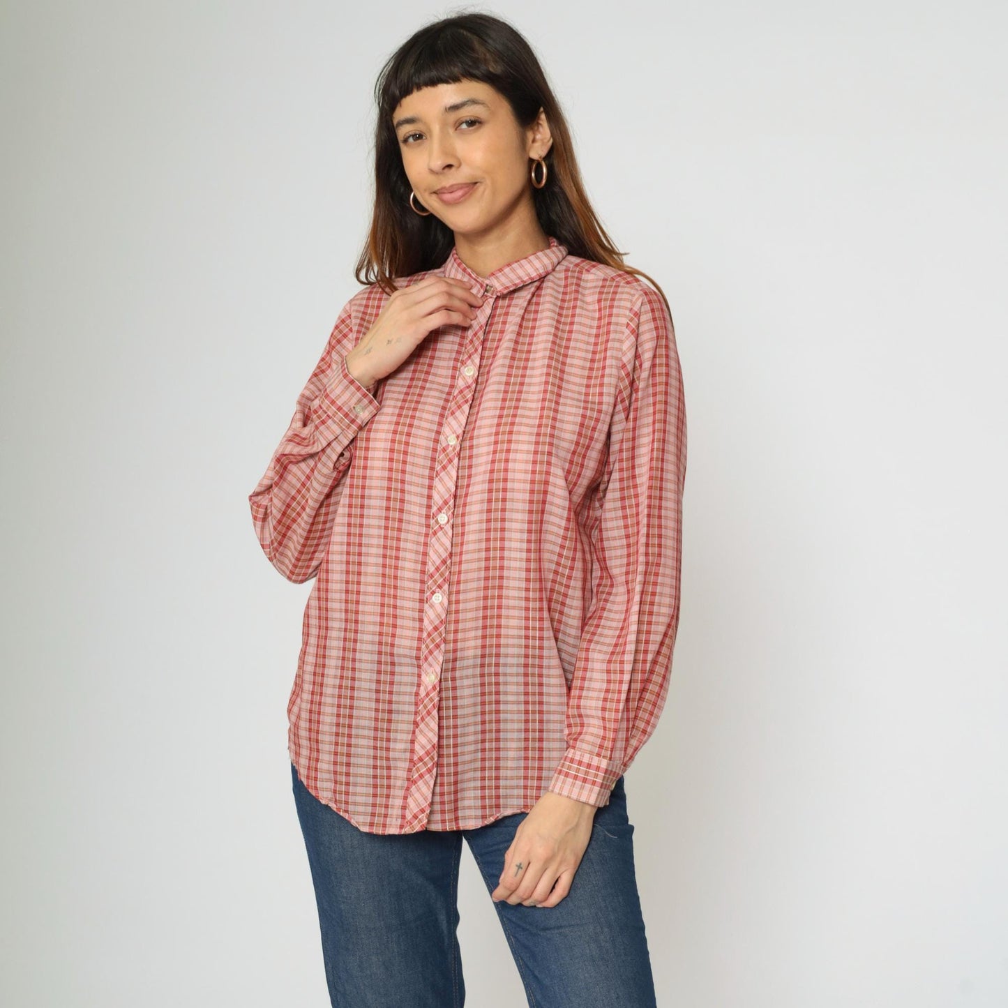 70s Pink Checkered Button-Up Blouse Long Sleeve Collar Sears Medium