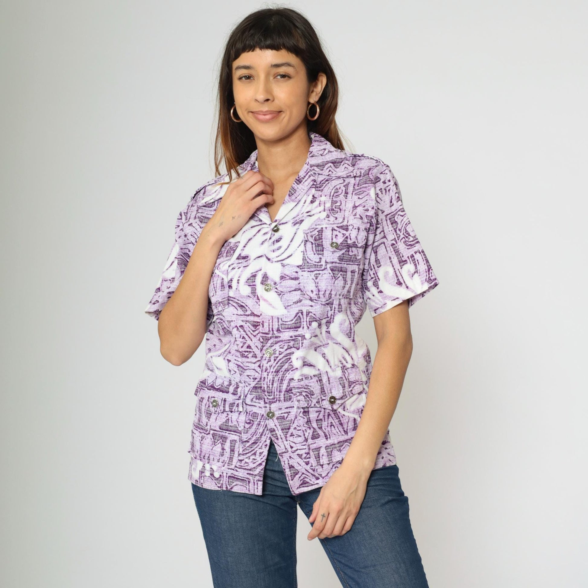 70s Rai Dani Hawaii Purple Floral Geometric Button-Up Shirt Extra Small