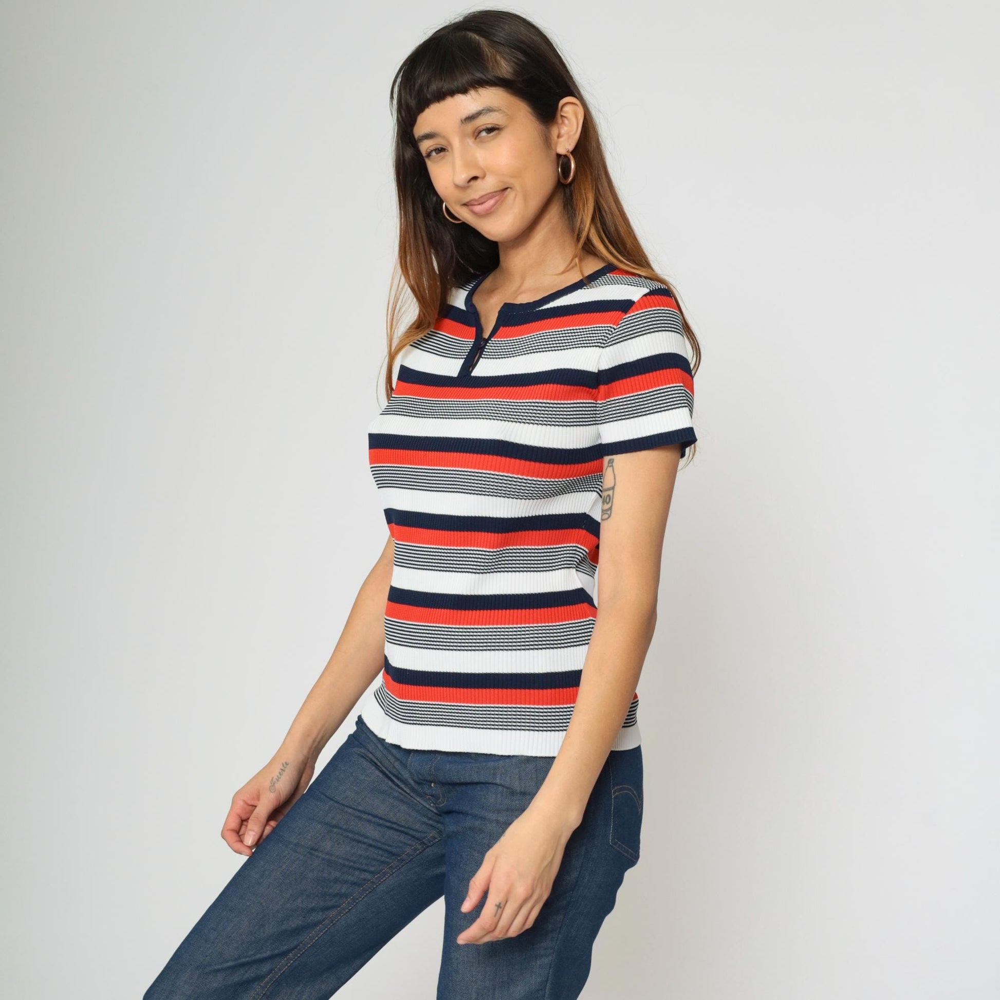 70s Striped Keyhole Neck Blouse Red White Navy Short Sleeve Small Medium