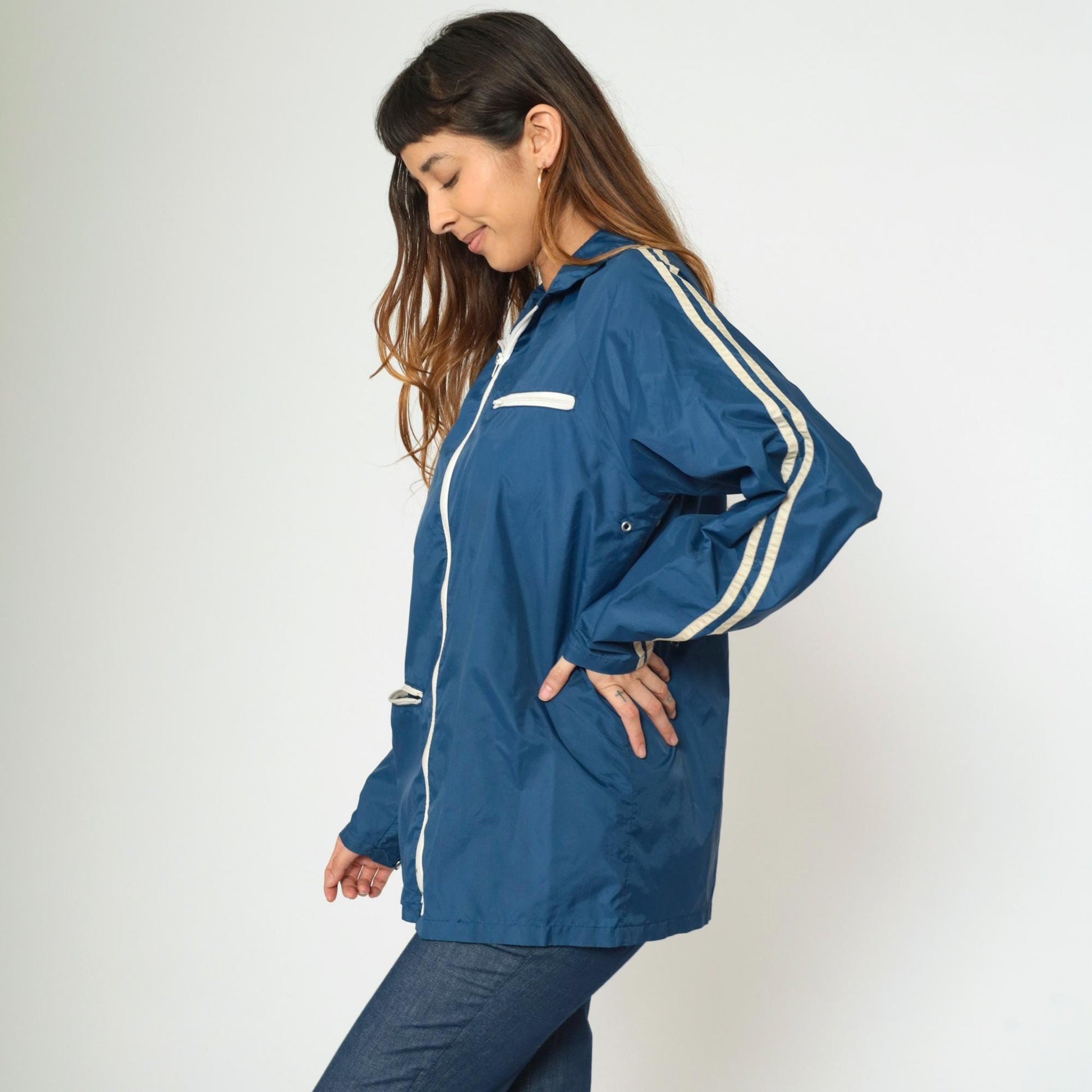 70s Windbreaker Jacket Dark Blue White Striped Raglan Zip Unisex Medium Large