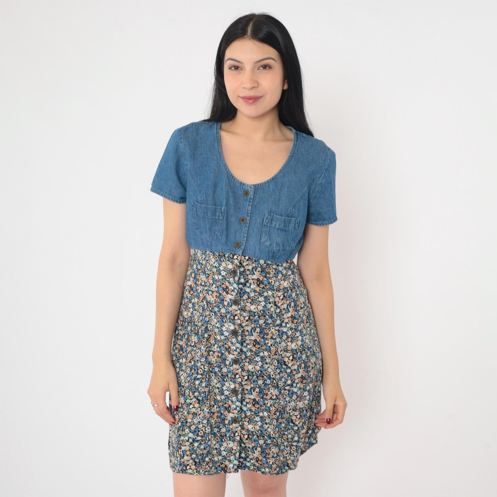 90s All That Jazz Floral Denim Mini Dress High Waist Button Up Blue Medium