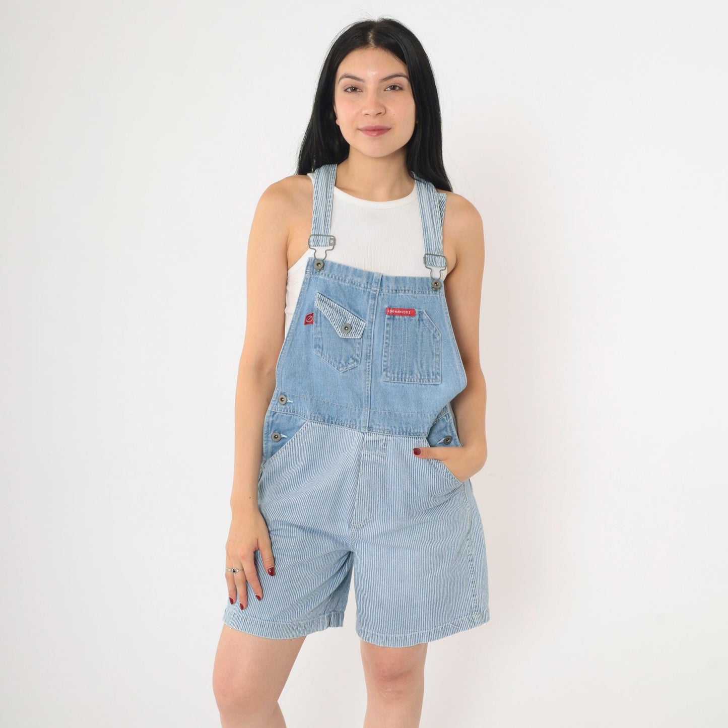 90s No Excuses Striped Denim Shortalls Blue White Hickory Bib Shorts Small