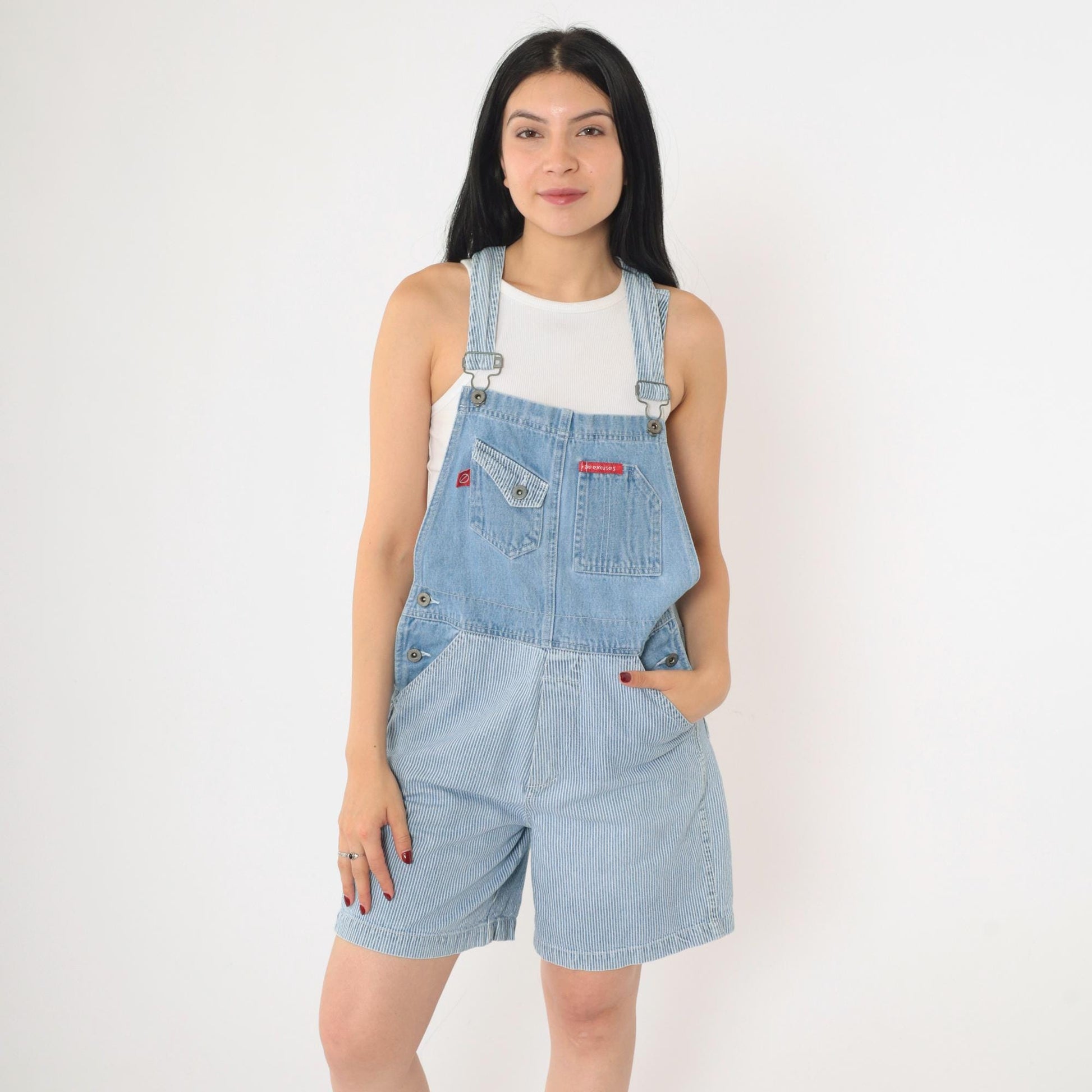 90s No Excuses Striped Denim Shortalls Blue White Hickory Bib Shorts Small