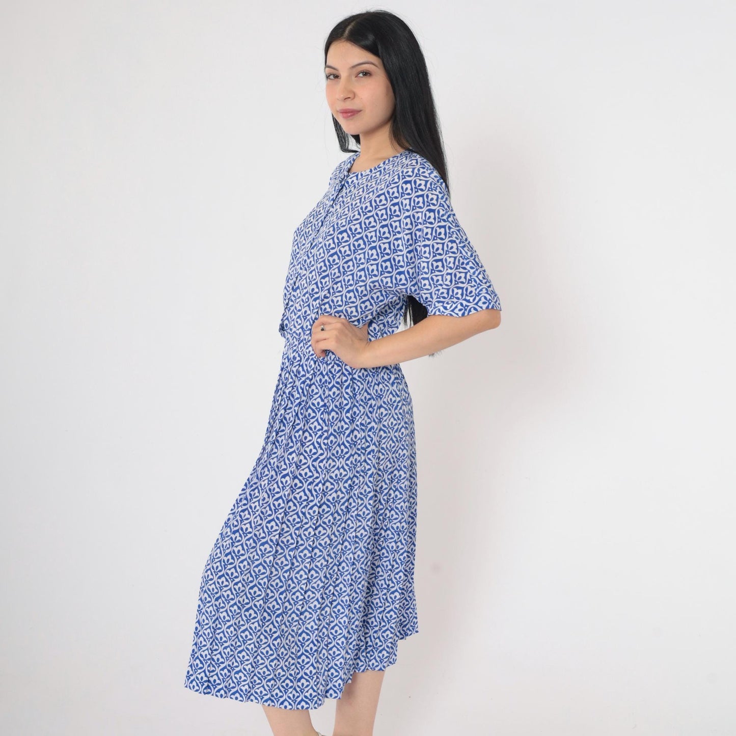 90s Talbots Petites Button-Up Shirtdress Blue Geometric Pleated Midi Small