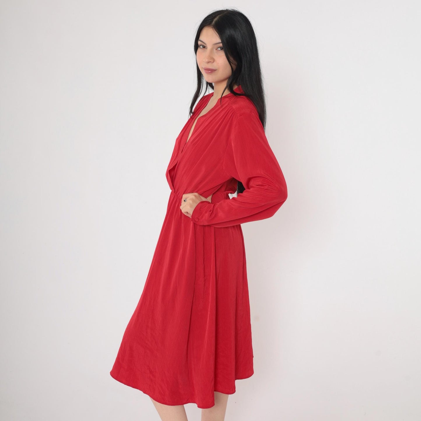 90s Red Wrap Midi Dress Deep V Neck High Waist Long Sleeve Medium