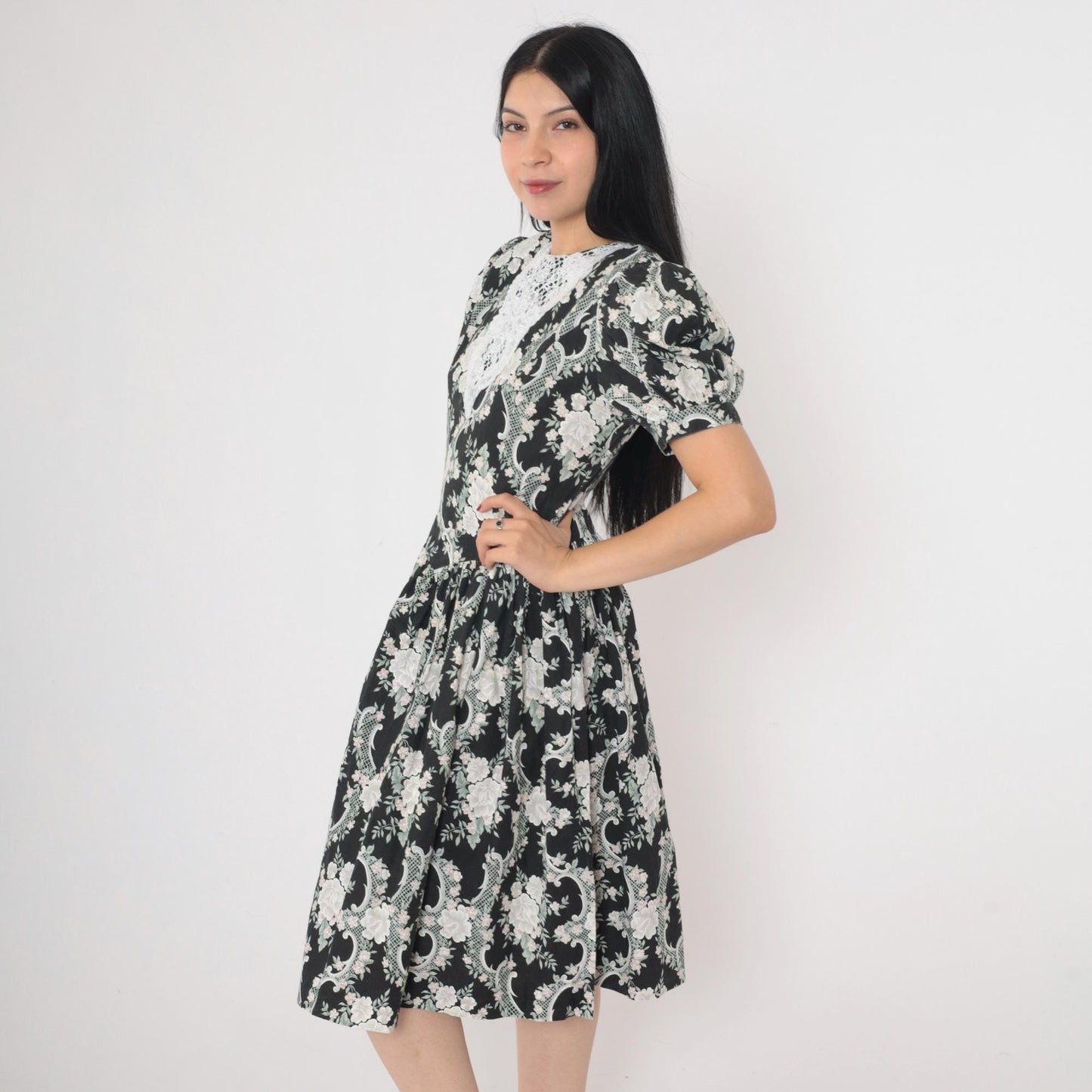 80s Gunne Sax Floral Lace Midi Dress Black White Puff Sleeve Basque Waist XS
