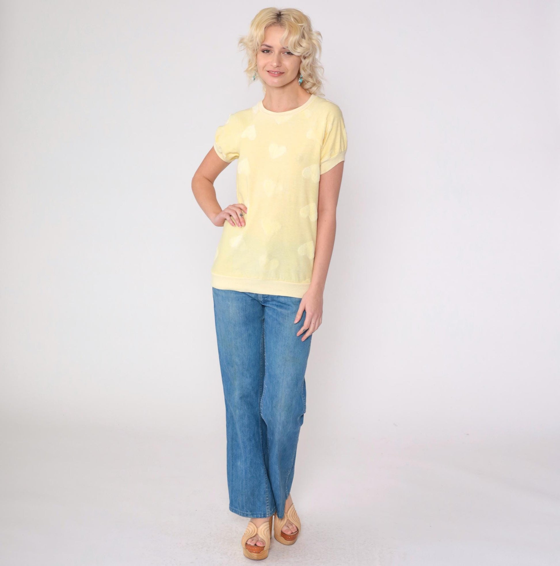 80s Terry Cloth Heart Shirt Light Yellow Raglan Crewneck XS